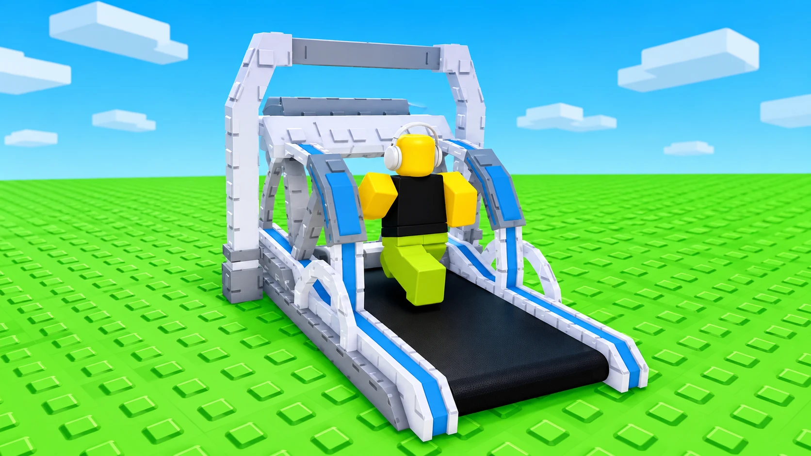 Editorial montage of a blocky avatar training on the silver and blue Sci-Fi treadmill from Steal An Egg.