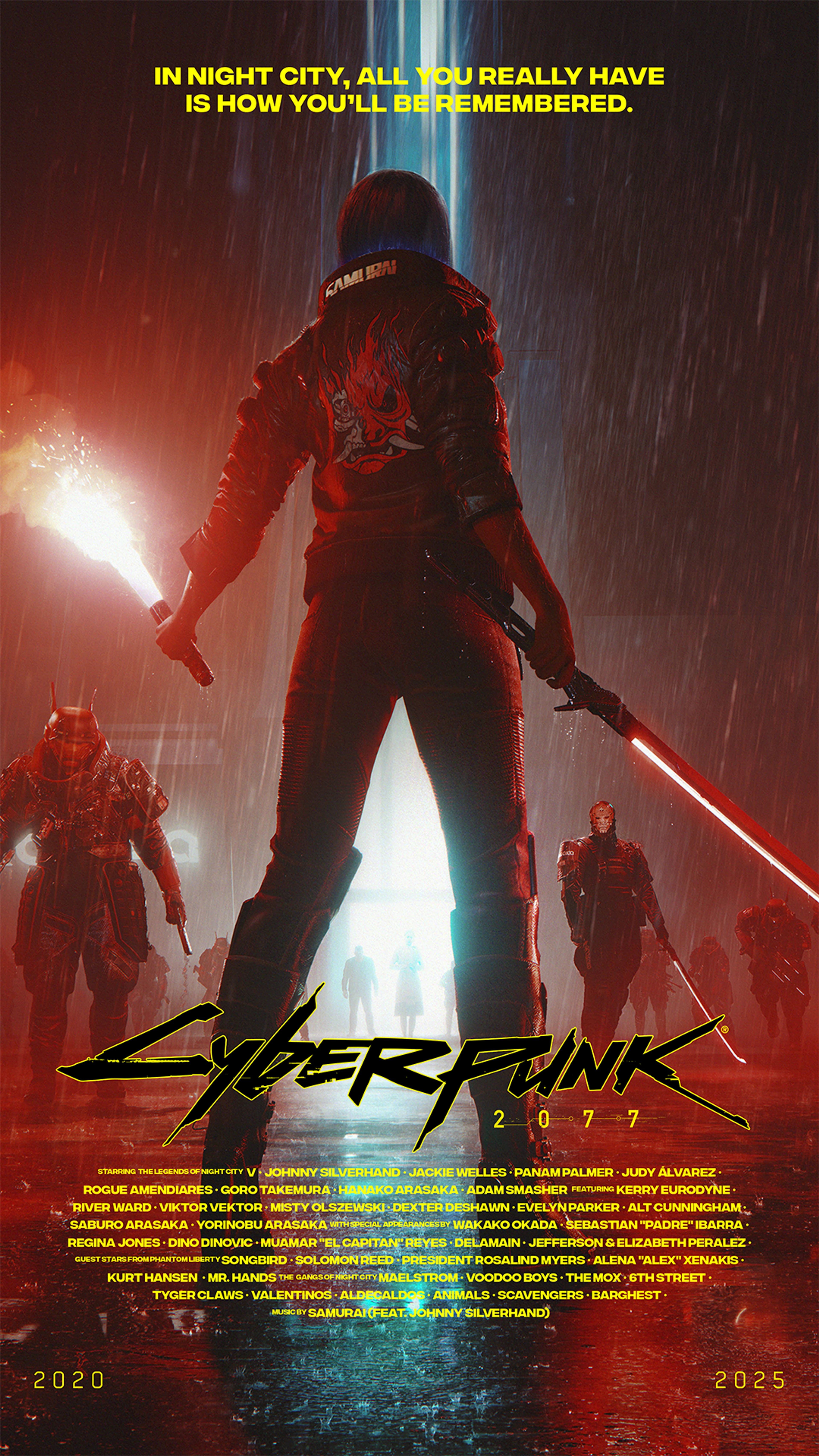 Official Cyberpunk 2077 fifth-anniversary artwork showing V in the rain with Night City figures behind them.