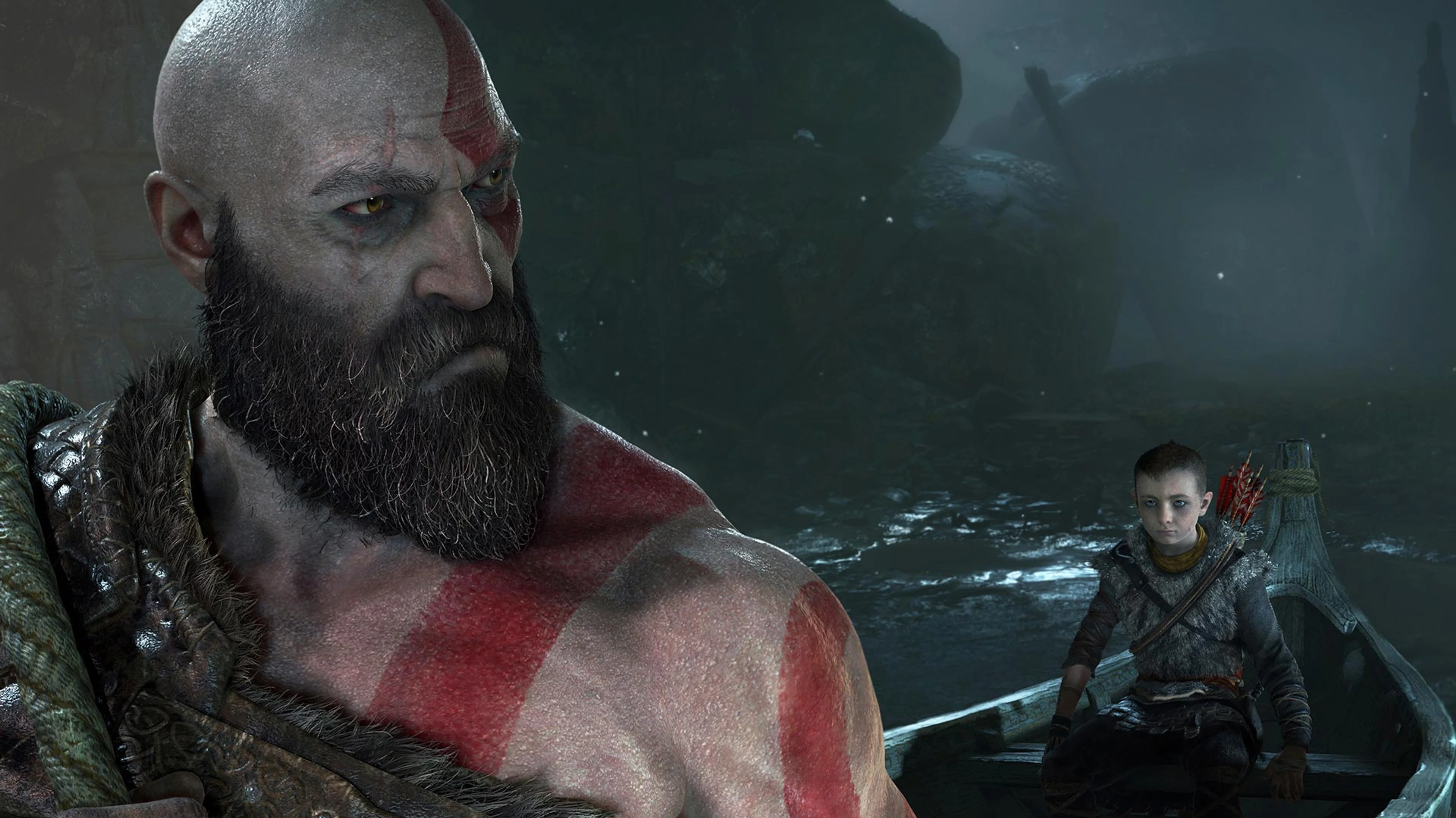 Kratos and Atreus travel together in official artwork for God of War.