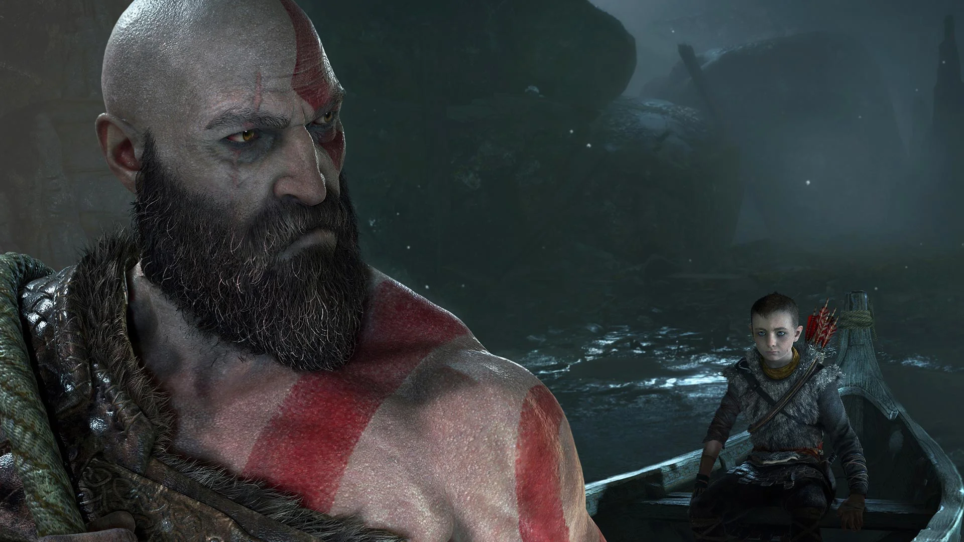 Kratos and Atreus travel together in official artwork for God of War.