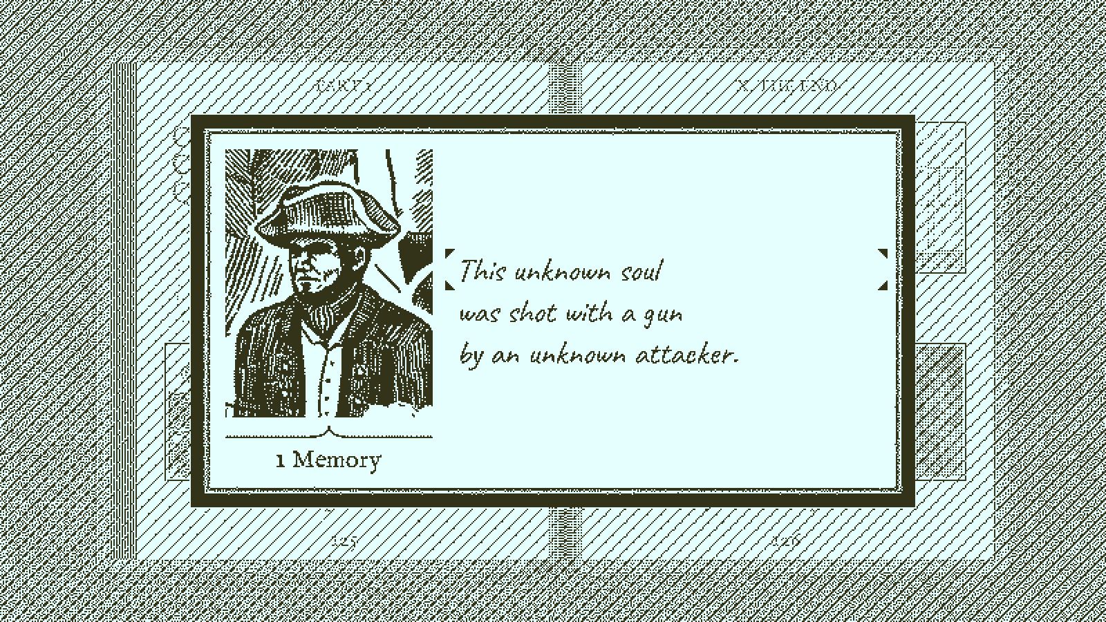 A book entry shows a portrait and an unresolved identity and cause of death.