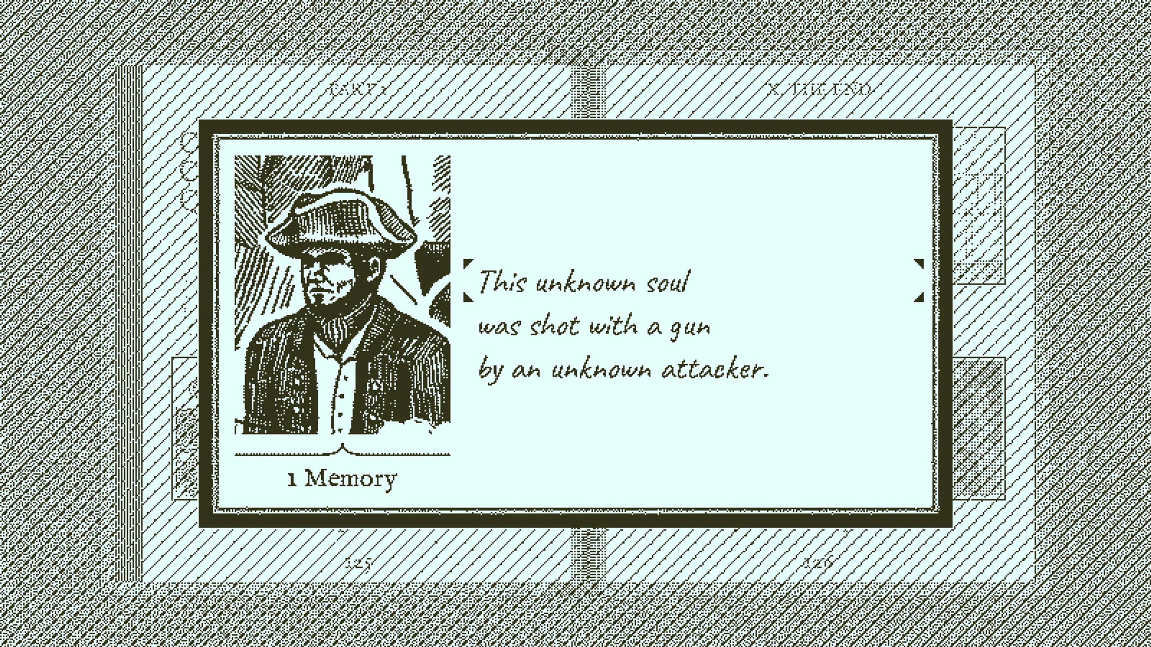 An unresolved fate entry in the book has a portrait and the line “This unknown soul was shot with a gun by an unknown attacker.”