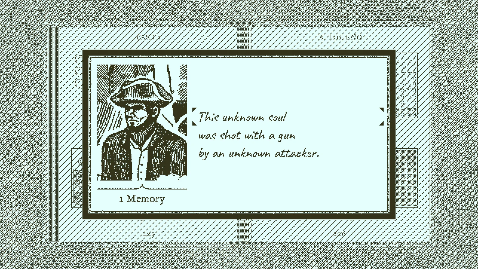 An unresolved fate entry in the book has a portrait and the line “This unknown soul was shot with a gun by an unknown attacker.”