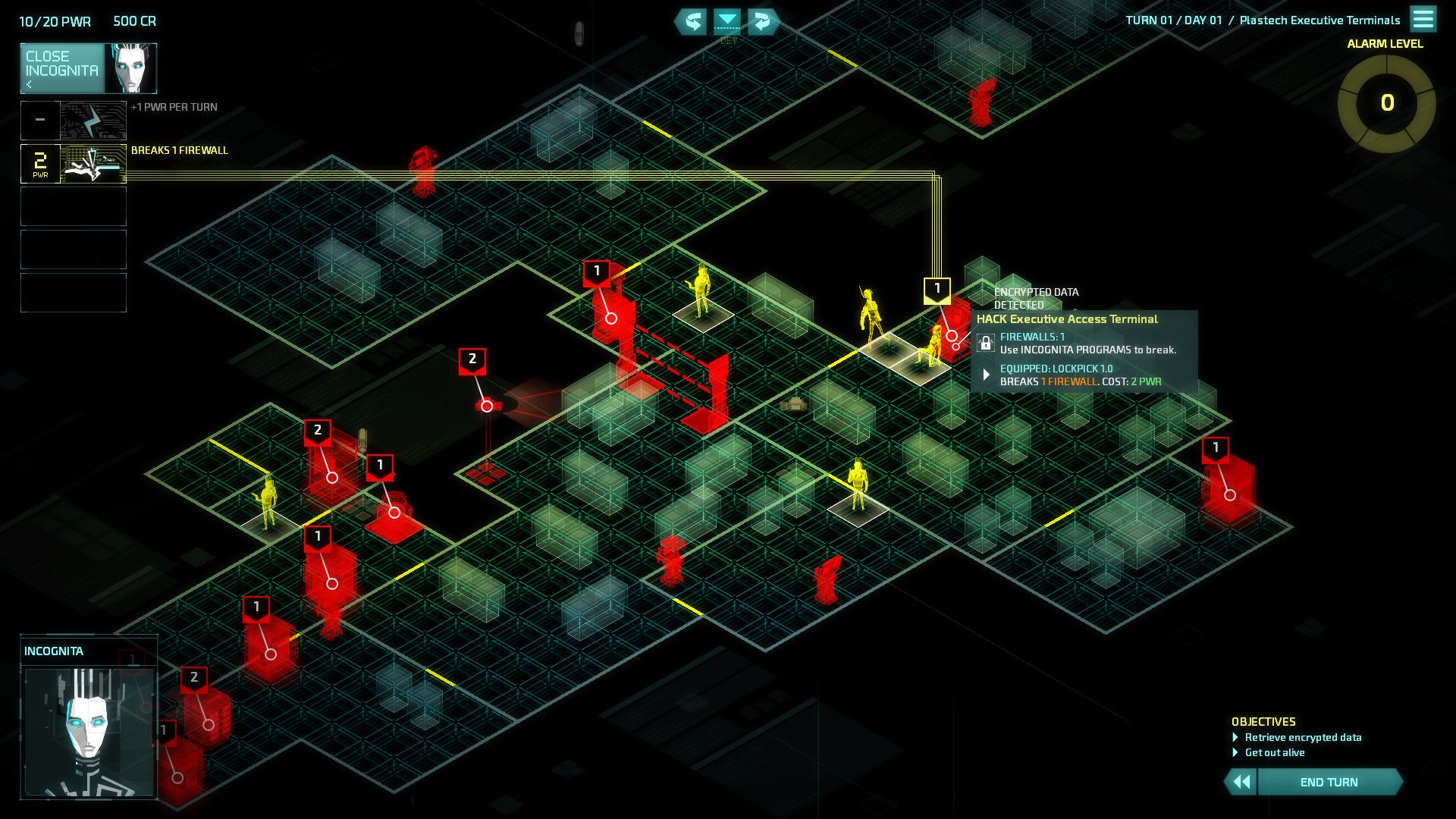 A tactical floor grid shows multiple red guard markers and colored sight areas.