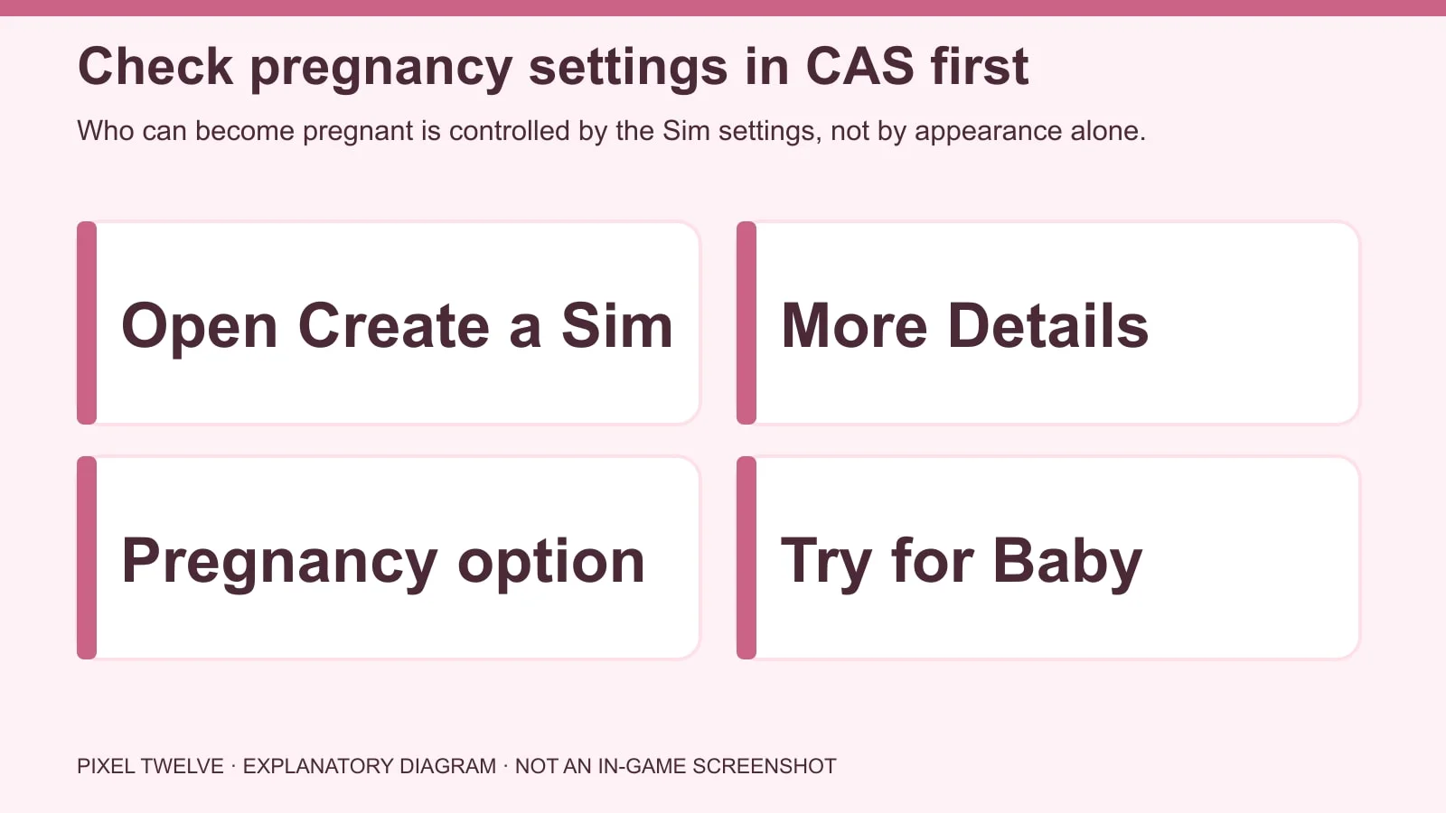Diagram showing Create a Sim, More Details and the Pregnancy option before Try for Baby.