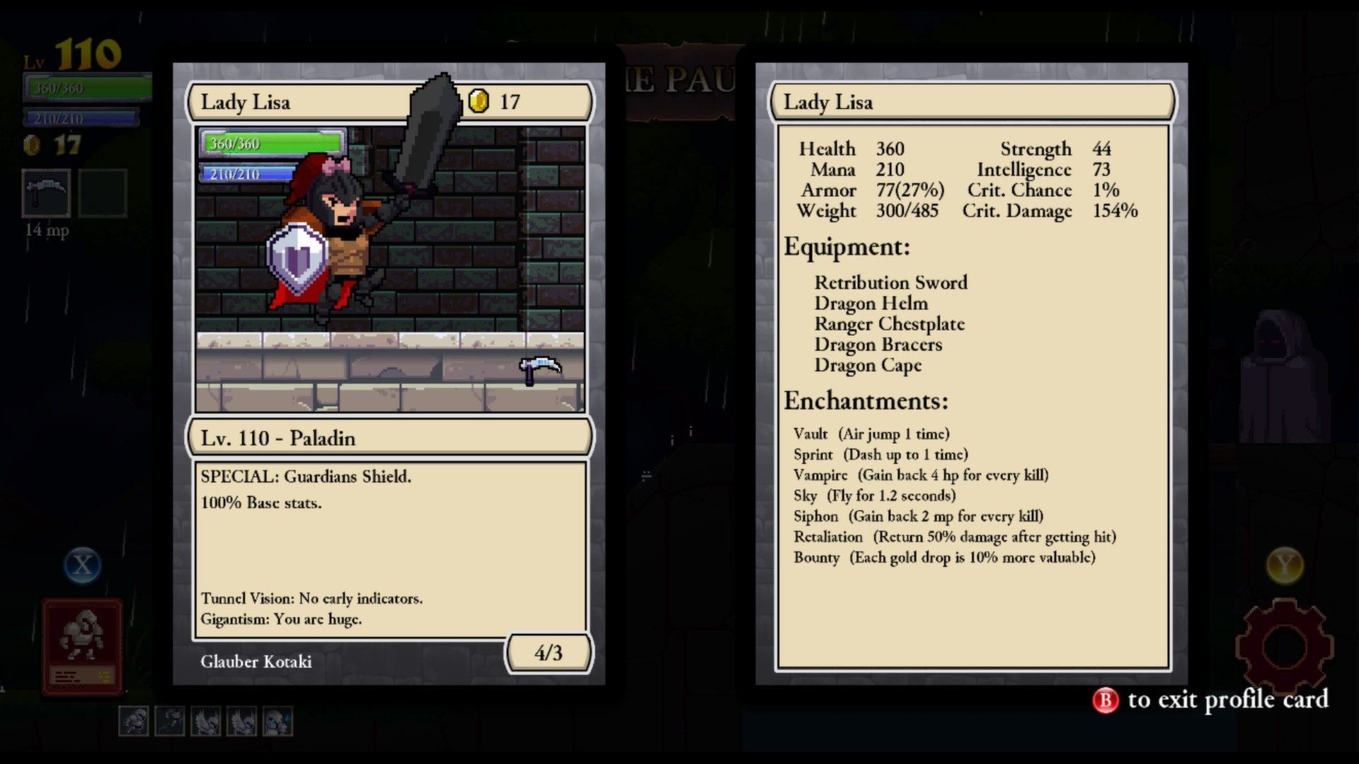 Lady Lisa’s Rogue Legacy profile card shows her Paladin class, special move, traits, equipment and attributes.