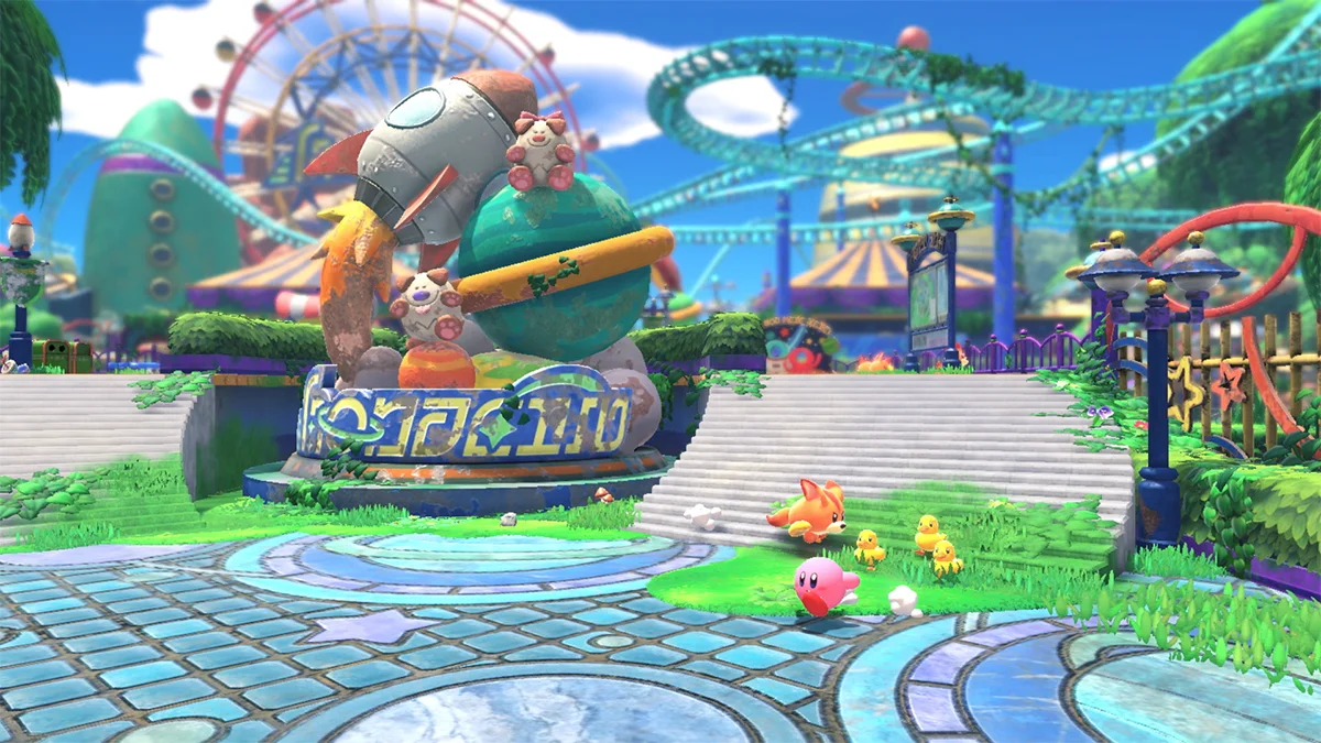 Kirby explores an amusement park area in Kirby and the Forgotten Land.