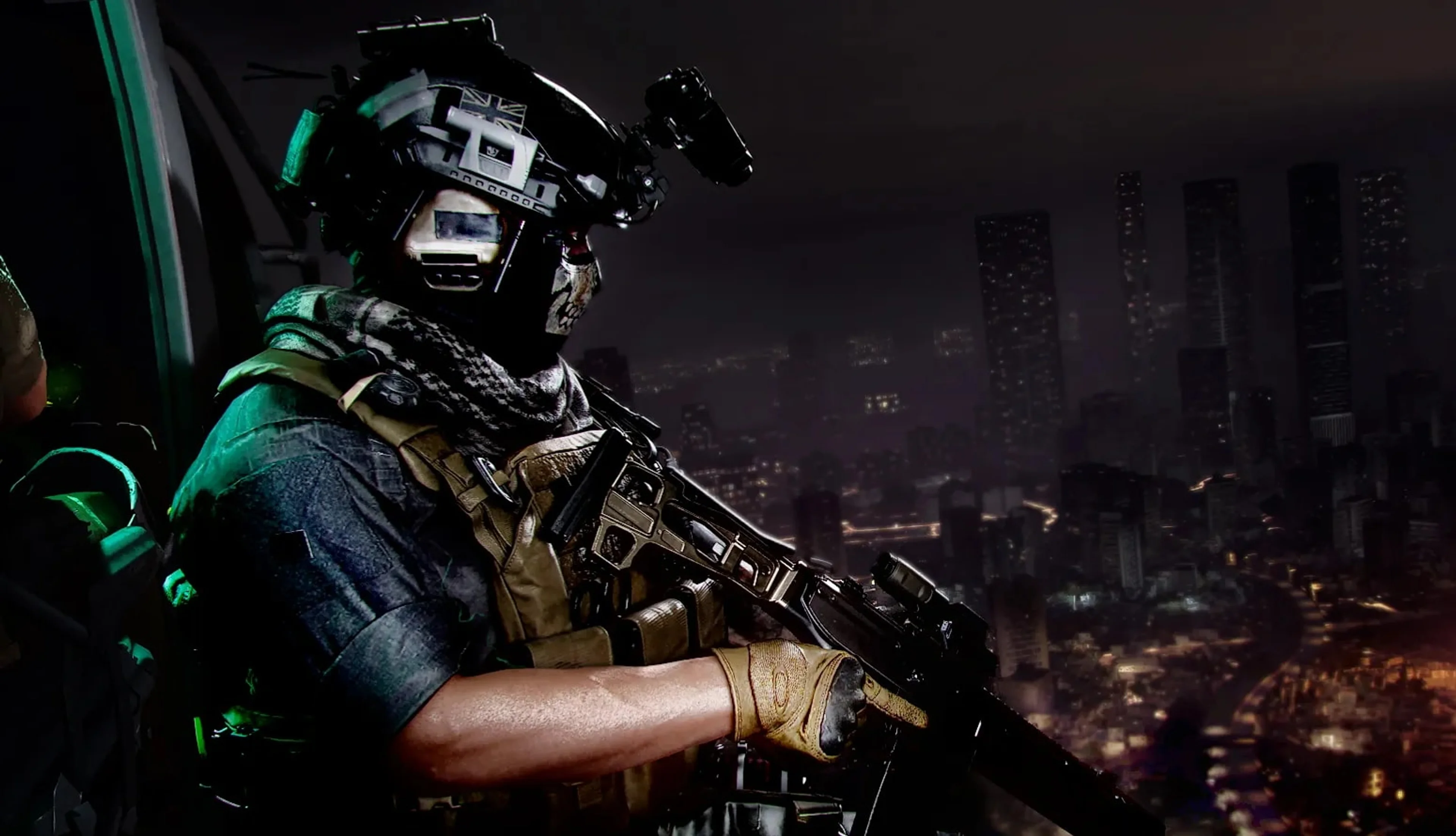 An armed soldier watches a burning city in the Modern Warfare 4 campaign.