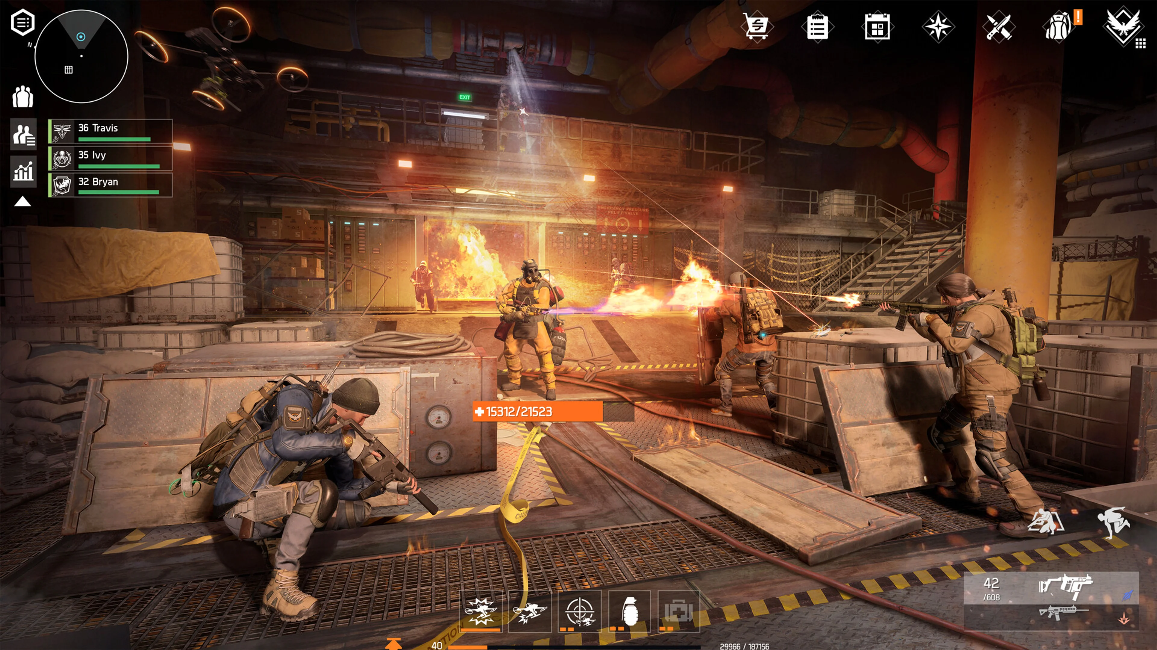 Four Division Resurgence agents fight enemies inside an industrial facility