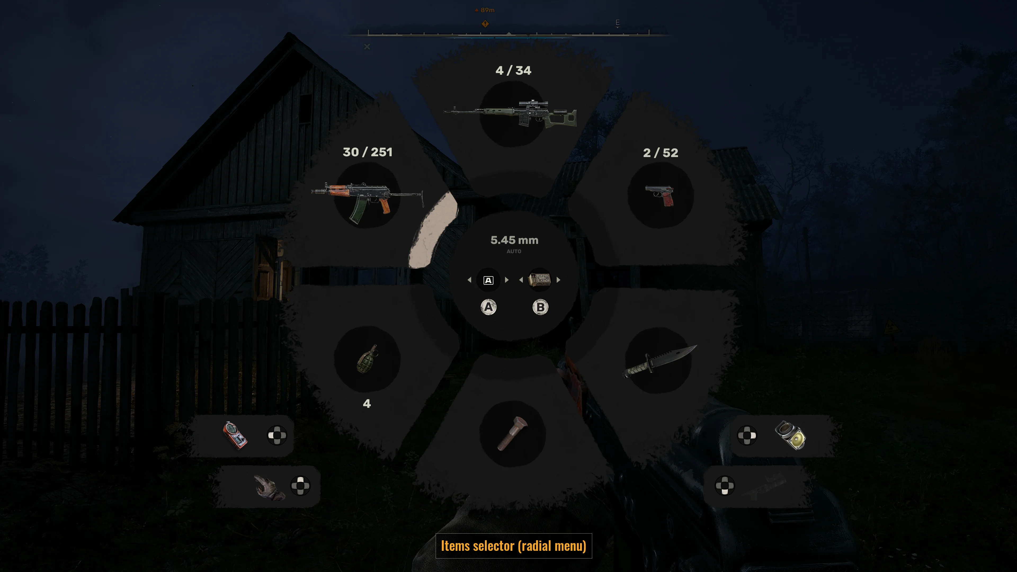 S.T.A.L.K.E.R. 2 radial item selector showing weapons, ammunition, equipment, and quick-access supplies.