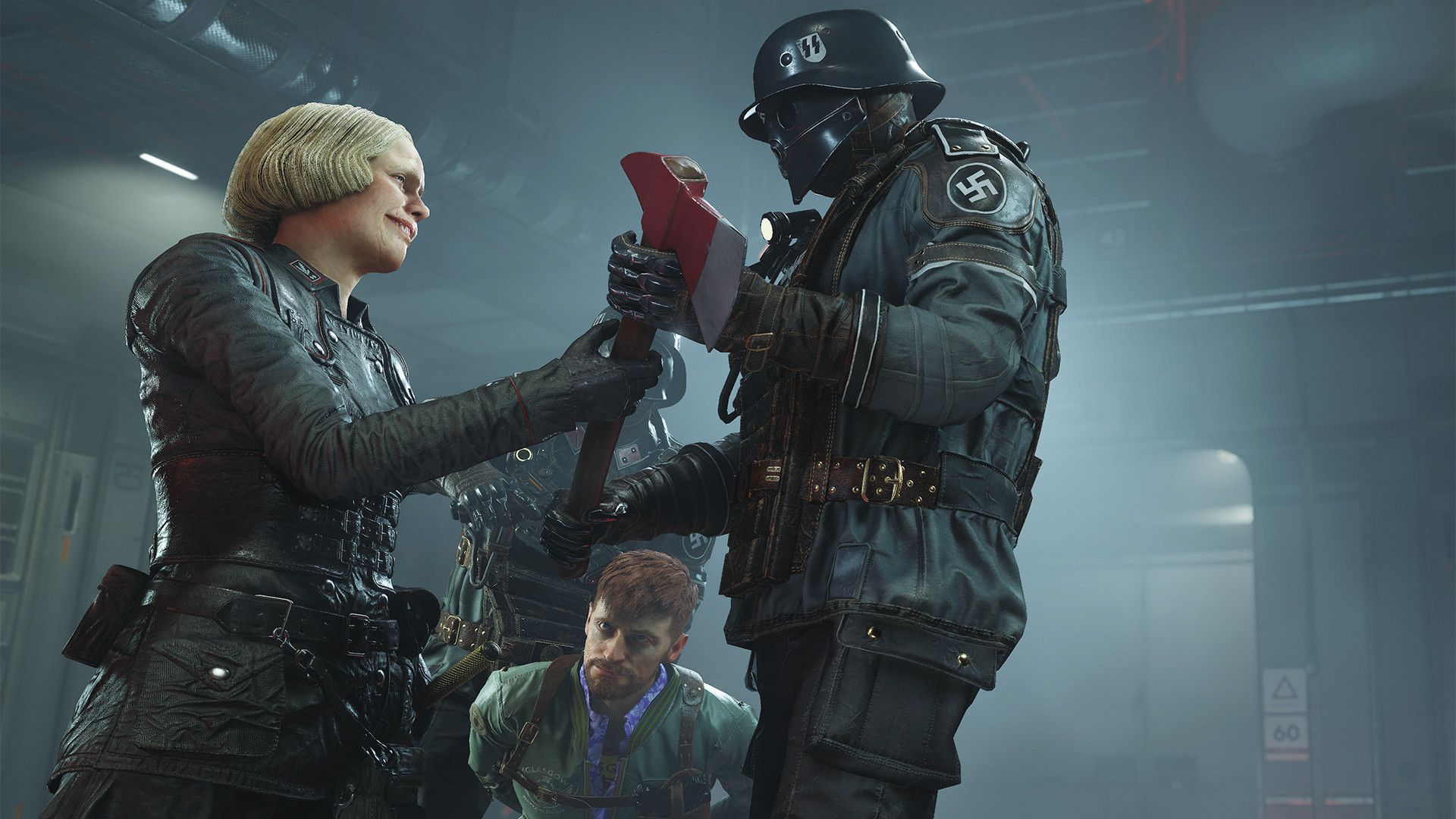 A uniformed woman holds a red object beside an armored soldier and a seated man.