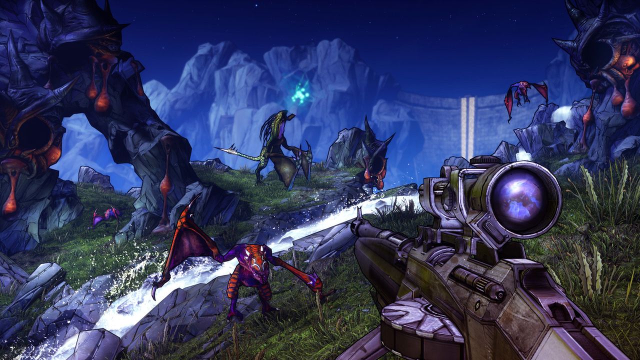 A scoped rifle points toward winged creatures and other wildlife by a stream.