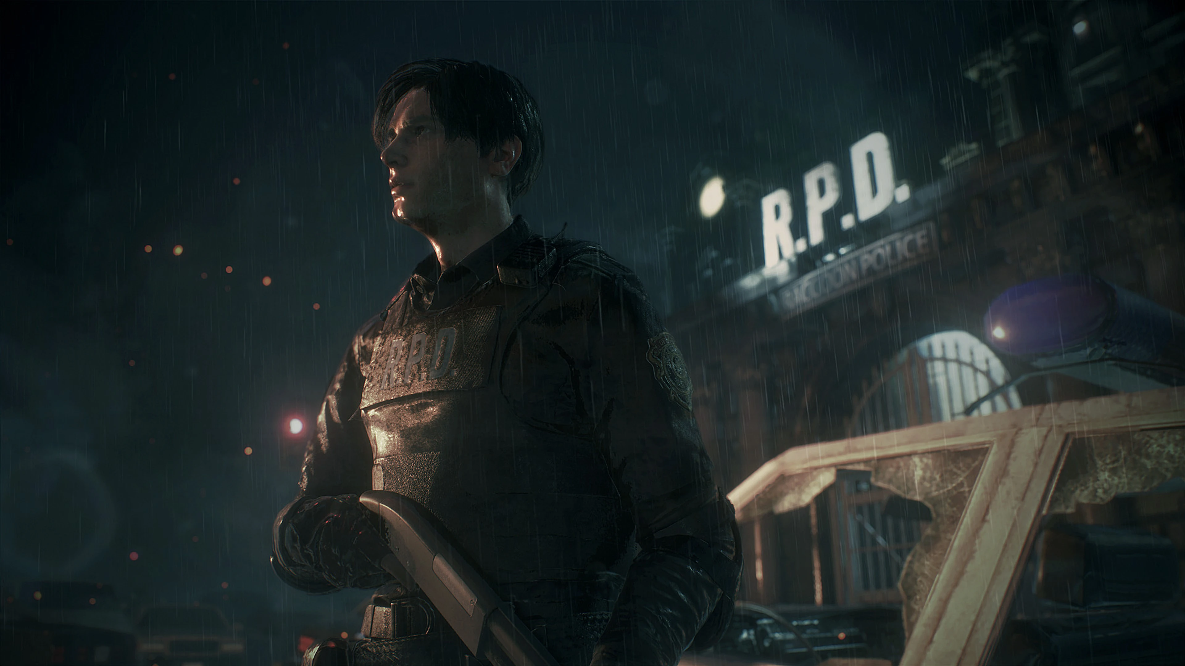 Leon S. Kennedy stands outside the Raccoon Police Department in the rain in Resident Evil 2.