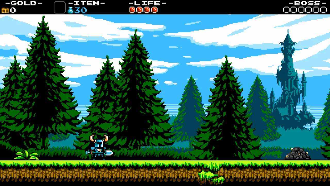 Official manual field screen: Shovel Knight stands in a forest; the upper black bar reads Gold, Item with a blue magic flask, Life with red circles and Boss with empty circles.