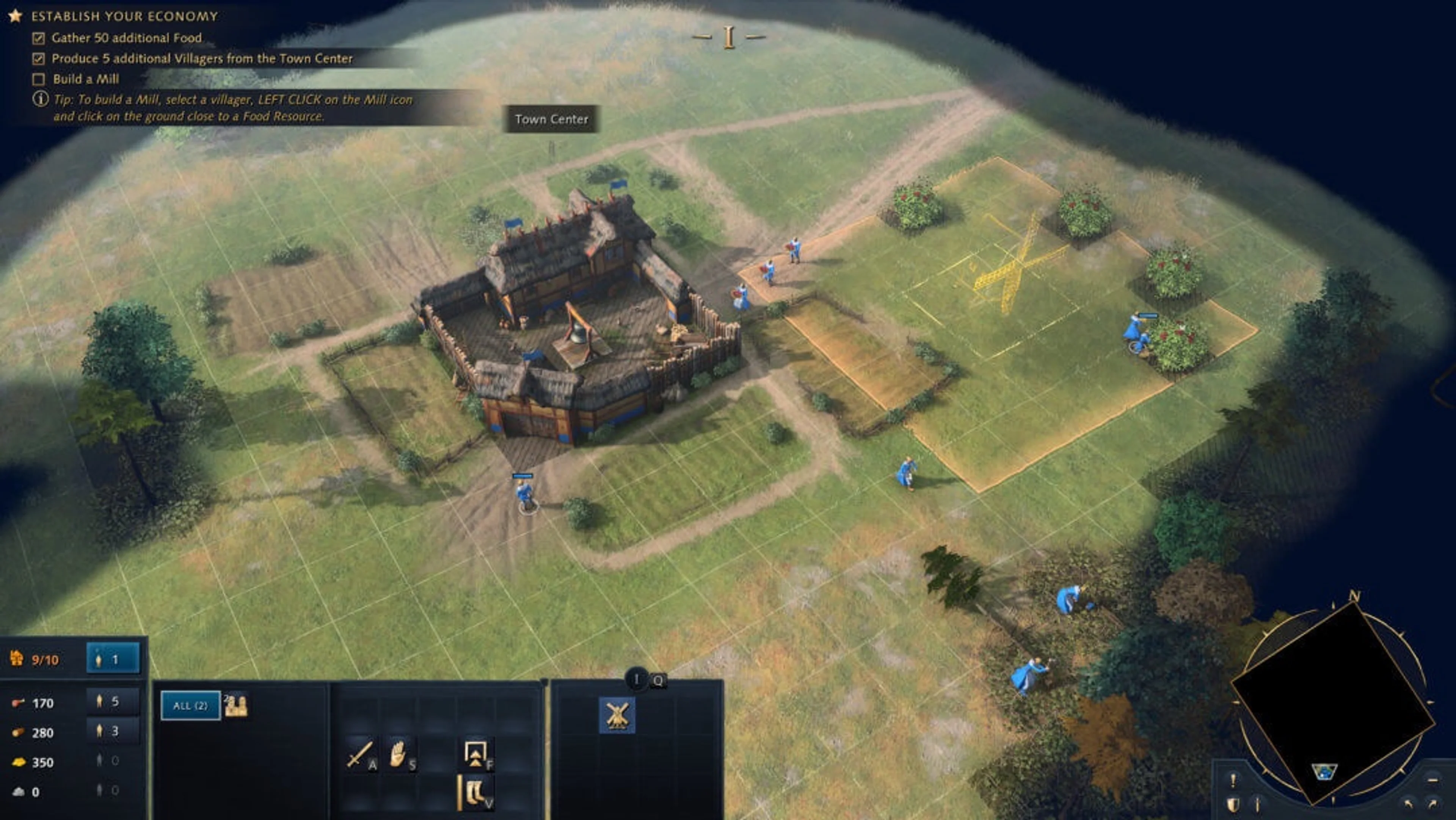 A Mill is being placed beside berry bushes to the right of the Town Center. The building outline shows where it will go. Close placement shortens the trip between gathering food and dropping it off.