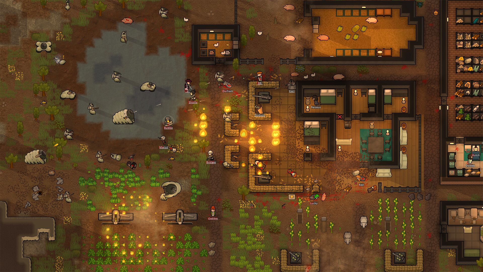 A colony with crops and several buildings has small fires burning near its edge.