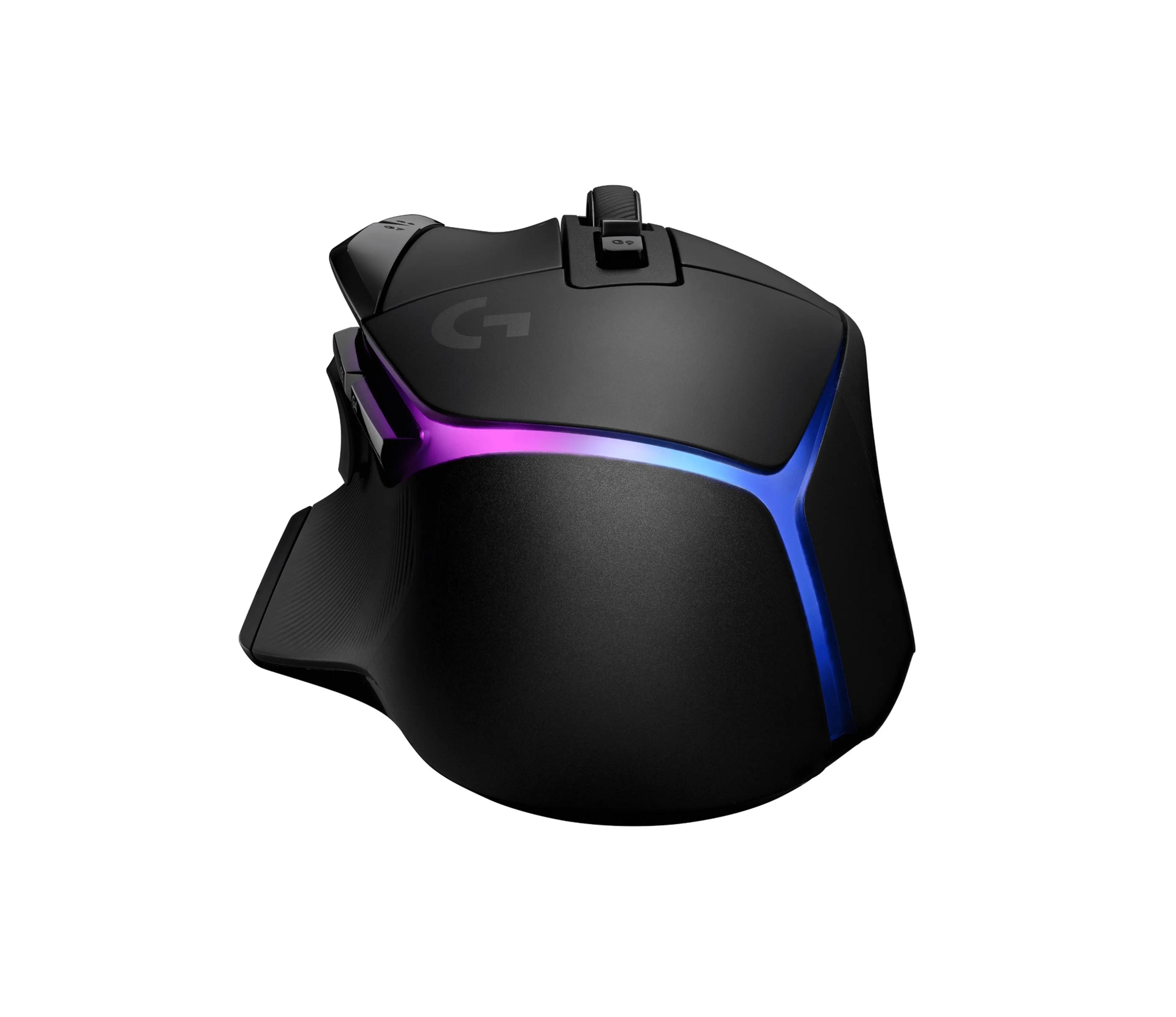 Rear view of the black G502 X Plus showing the curved grip and lighting strip