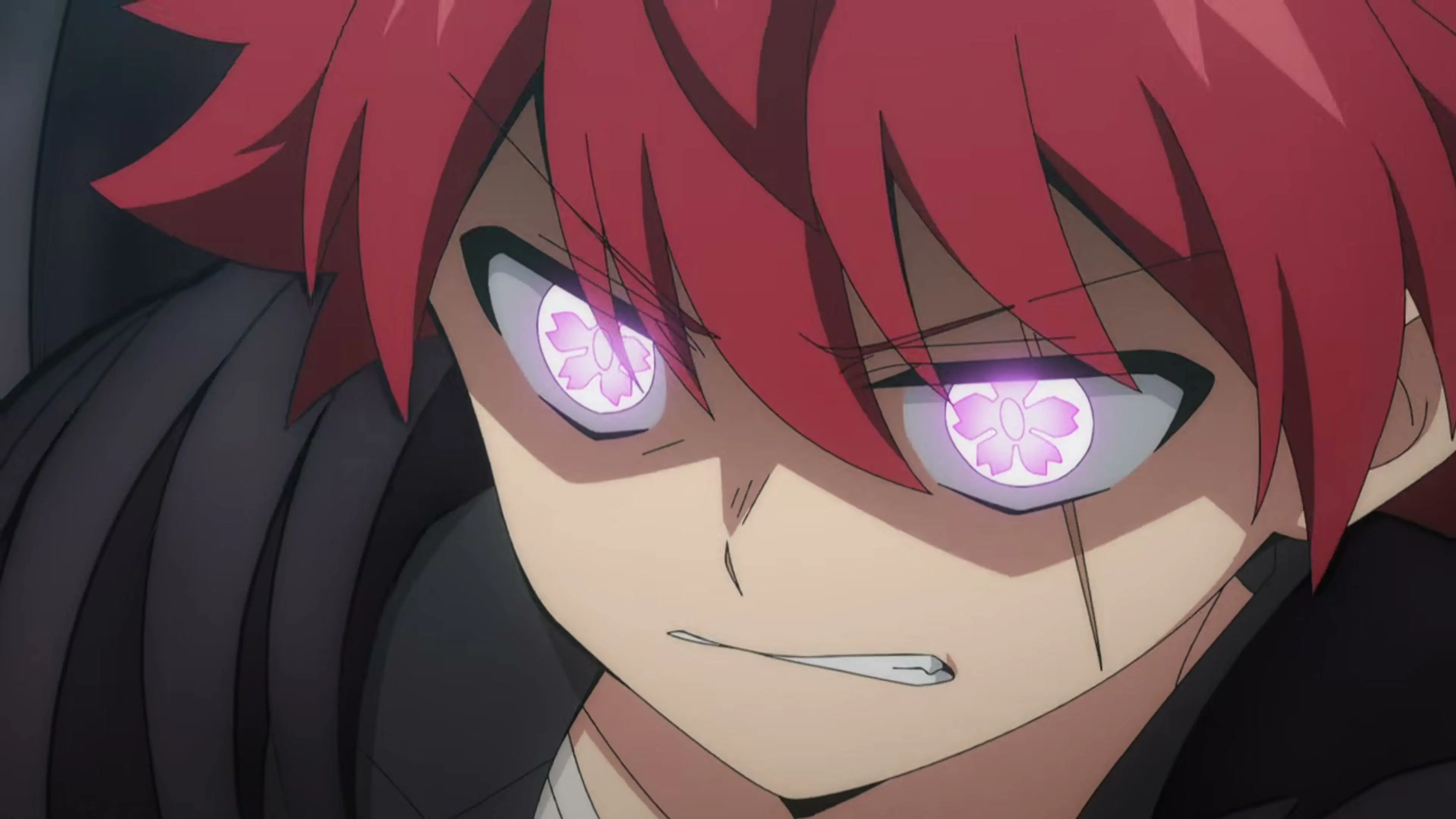 Taiyo Asano faces forward as glowing cherry-blossom patterns fill his eyes.