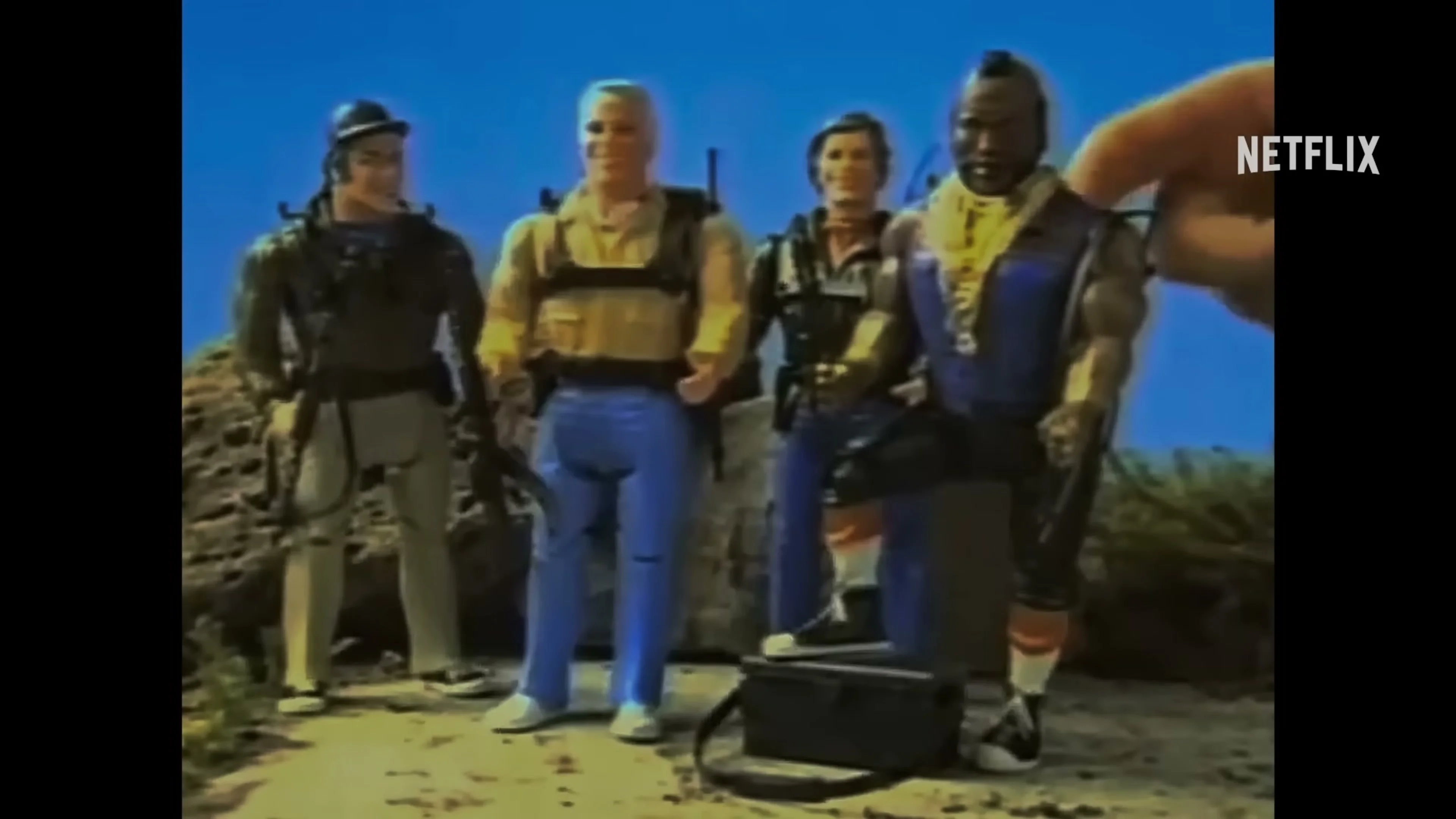 Mr. T stands with The A-Team cast in archival footage shown in Untold Mr. T: I Pity The Fool.