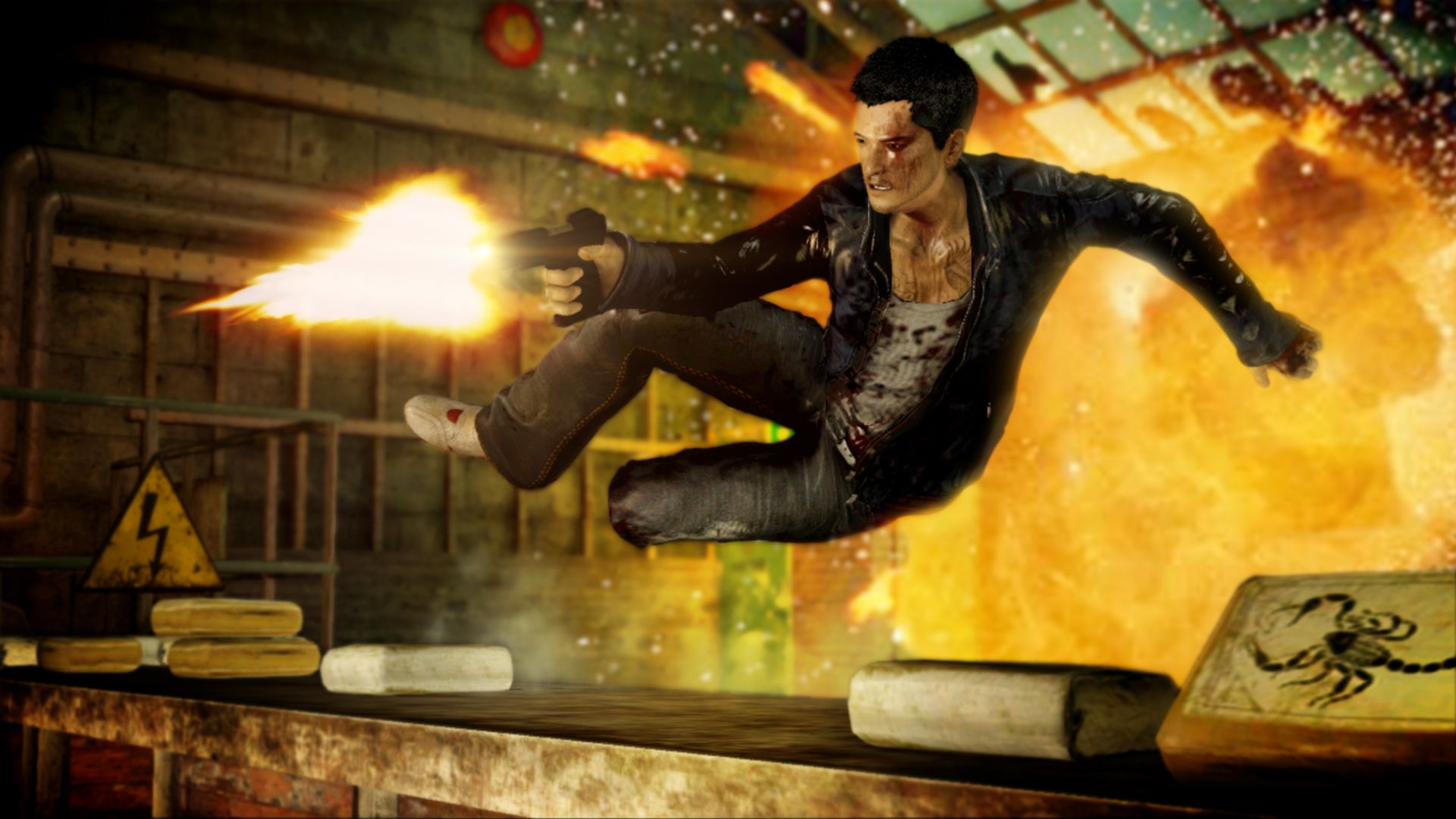 Wei Shen kicks through the air while firing a pistol amid flames.