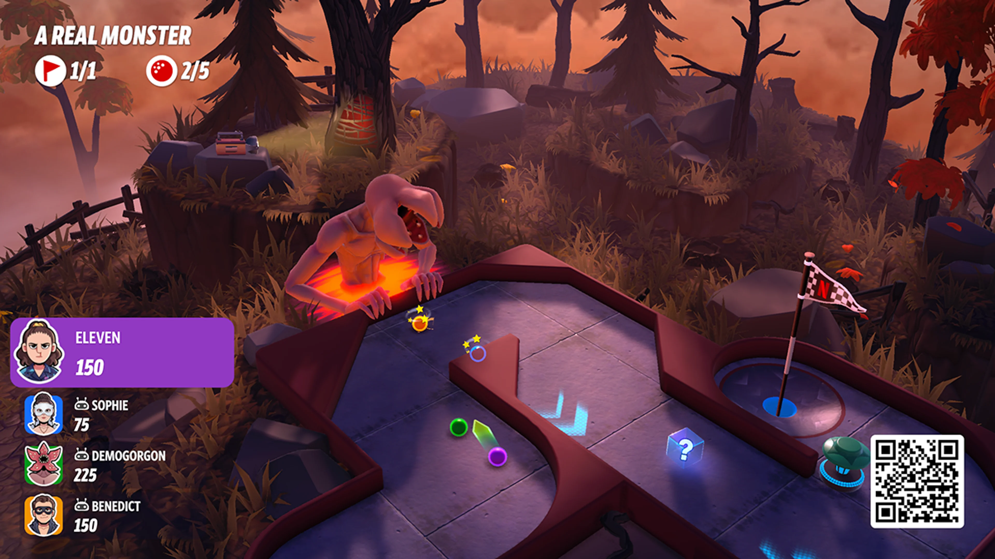 A Stranger Things-themed hole in Netflix Minigolf shows a Demogorgon course obstacle and player interface.