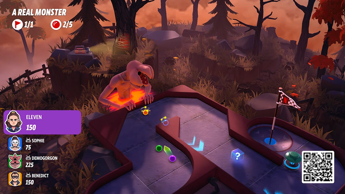 A Stranger Things-themed hole in Netflix Minigolf shows a Demogorgon course obstacle and player interface.
