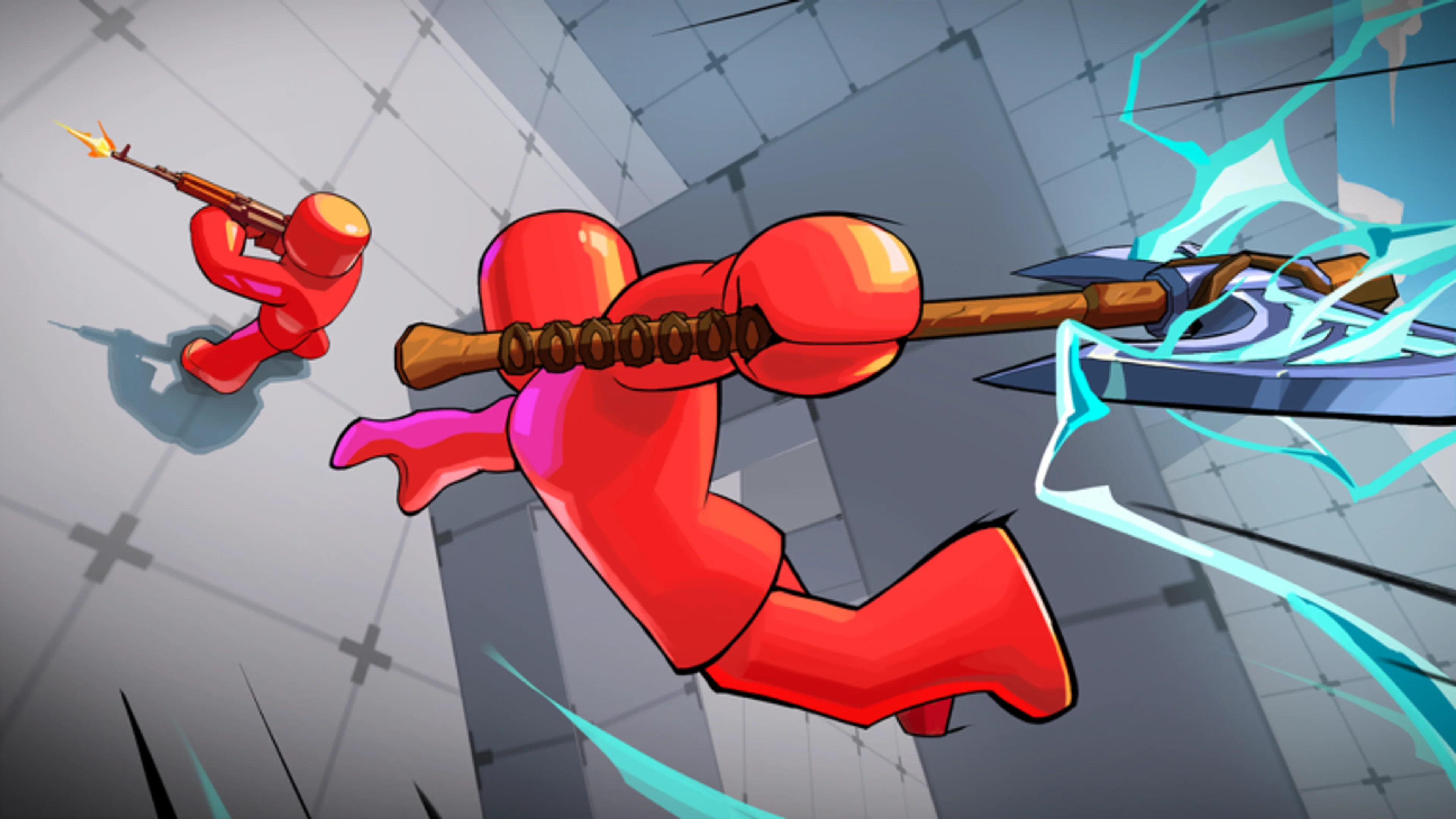 Two red RIVALS characters fighting with melee and ranged weapons