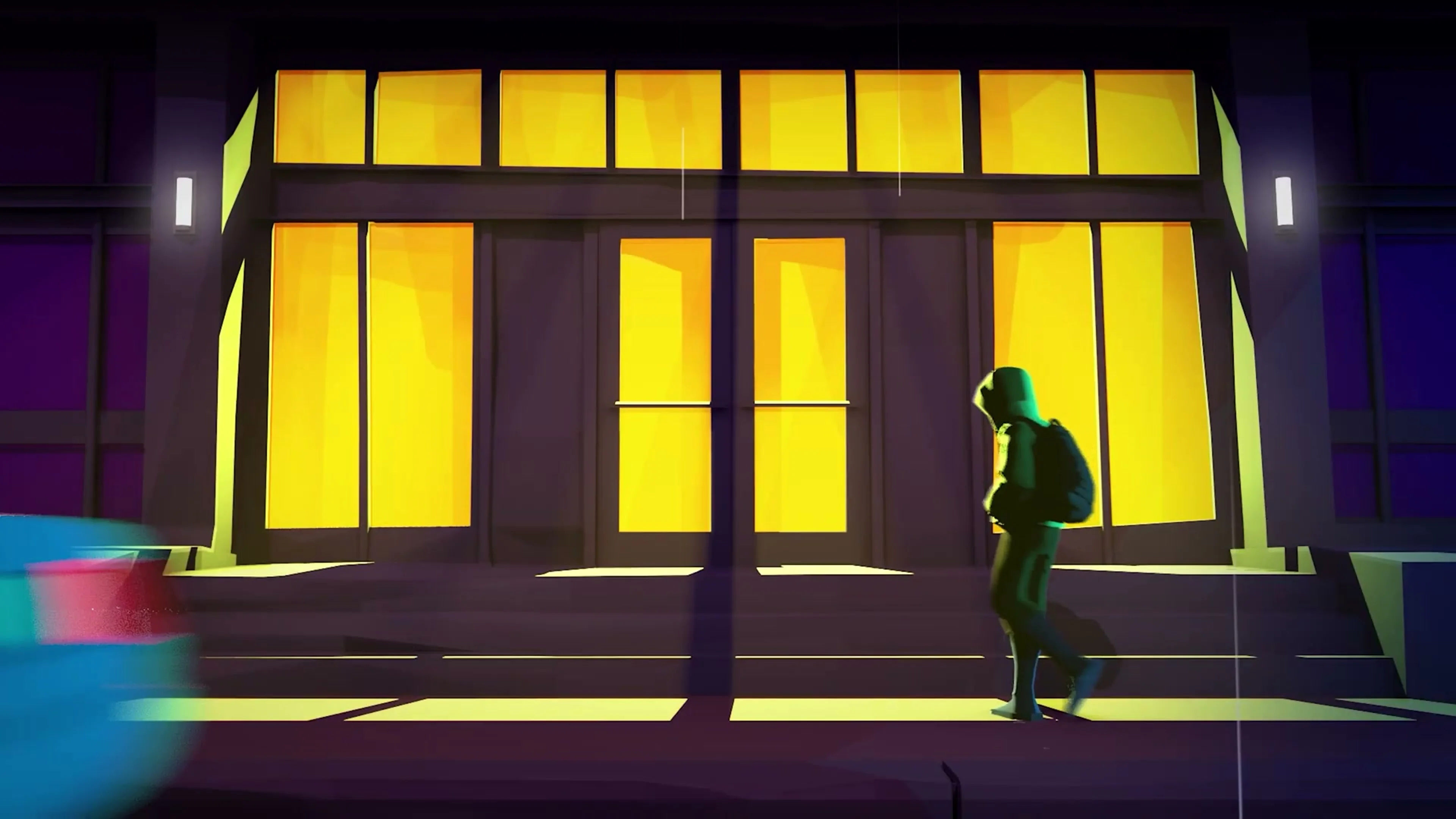 Hope walks past a brightly lit building at night in Hope in the City.