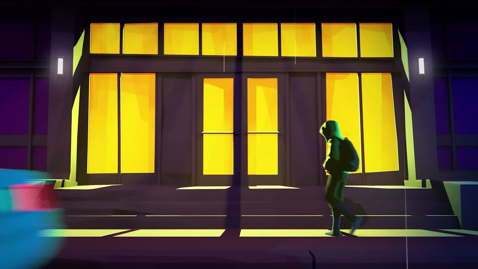 Hope walks past a brightly lit building at night in Hope in the City.