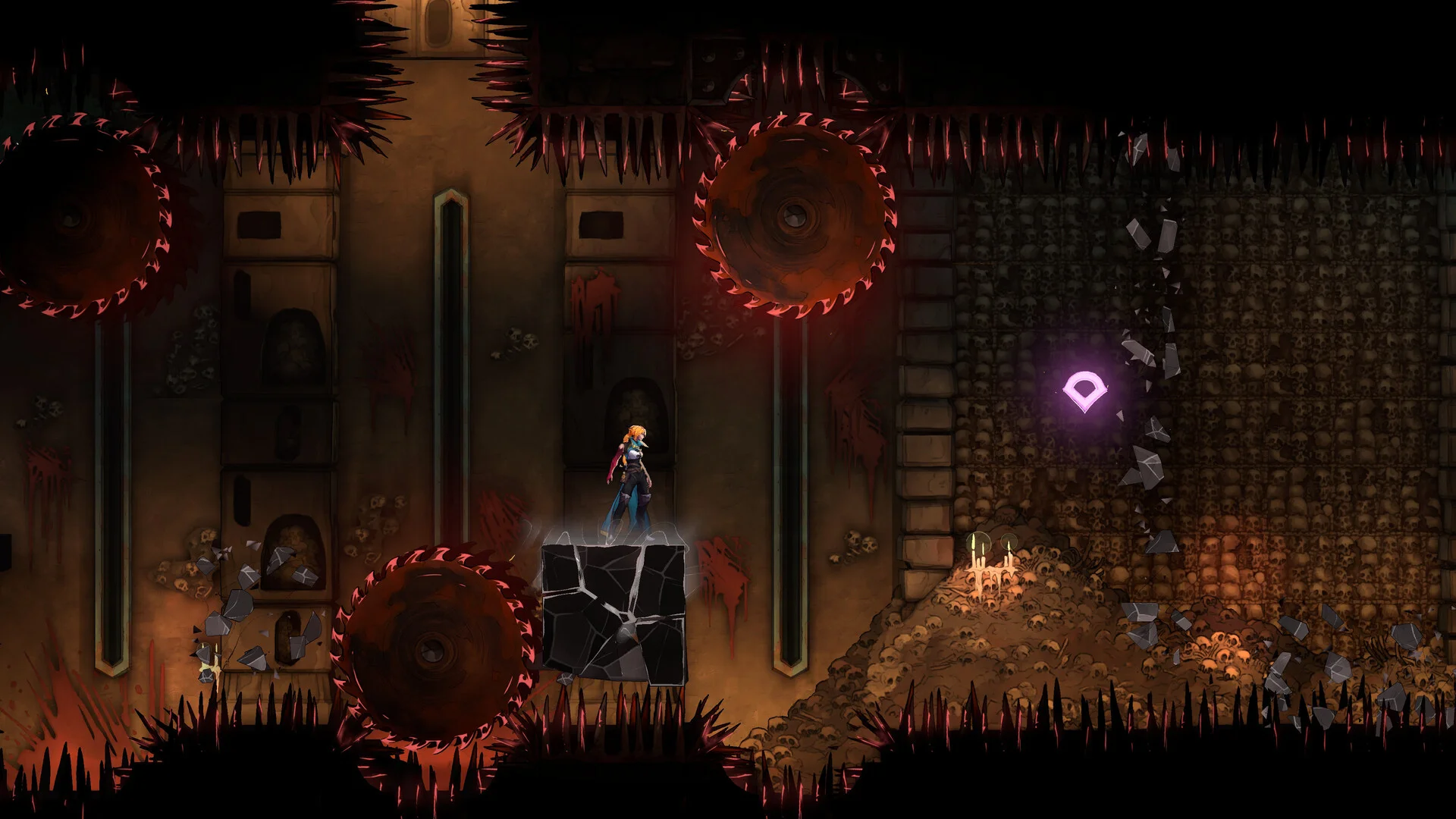 Rose stands on a small block surrounded by floor spikes and circular saws.