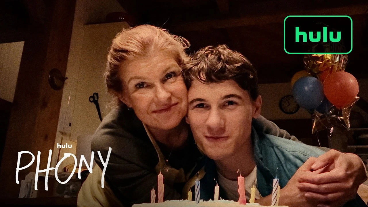 Official Phony trailer artwork shows Connie Britton and Sam Nivola together beneath Hulu branding.