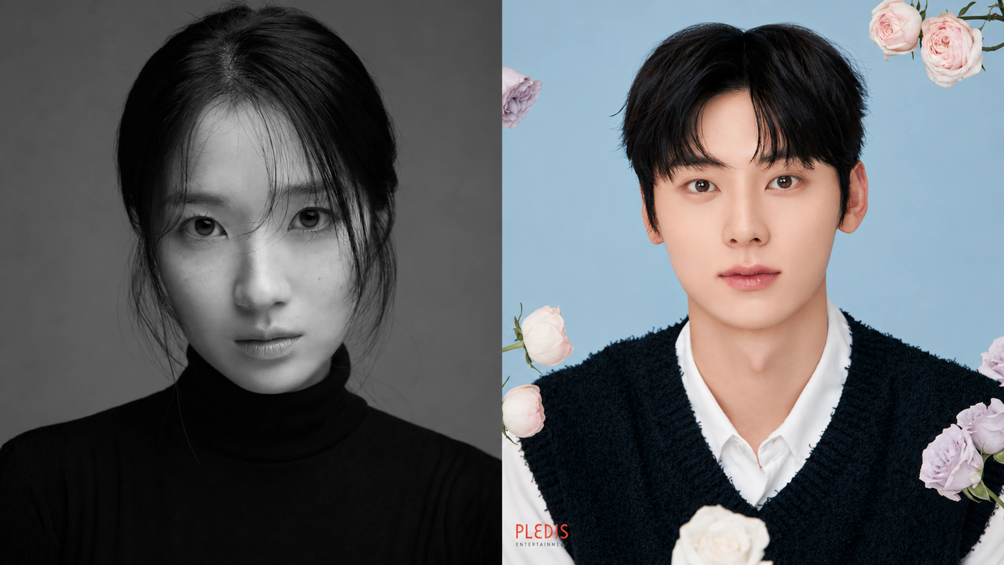 Editorial montage of Kim Hye-yoon on the left and Hwang Minhyun on the right, using separate official portraits.
