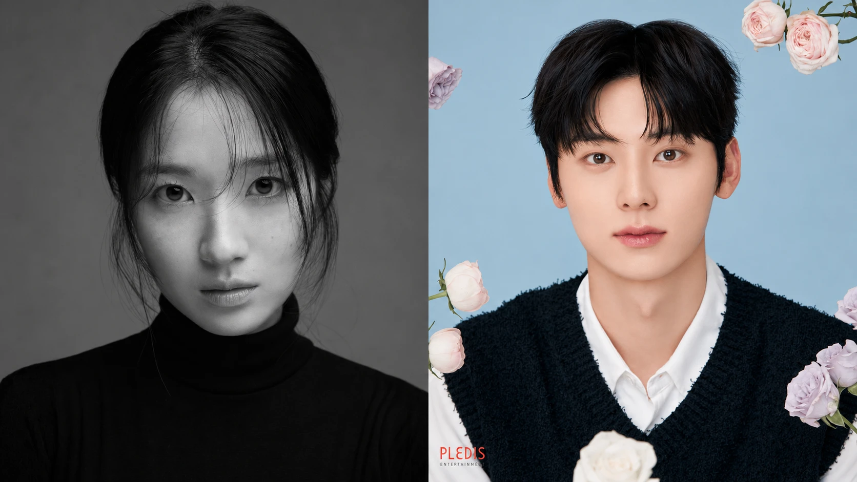 Editorial montage of Kim Hye-yoon on the left and Hwang Minhyun on the right, using separate official portraits.
