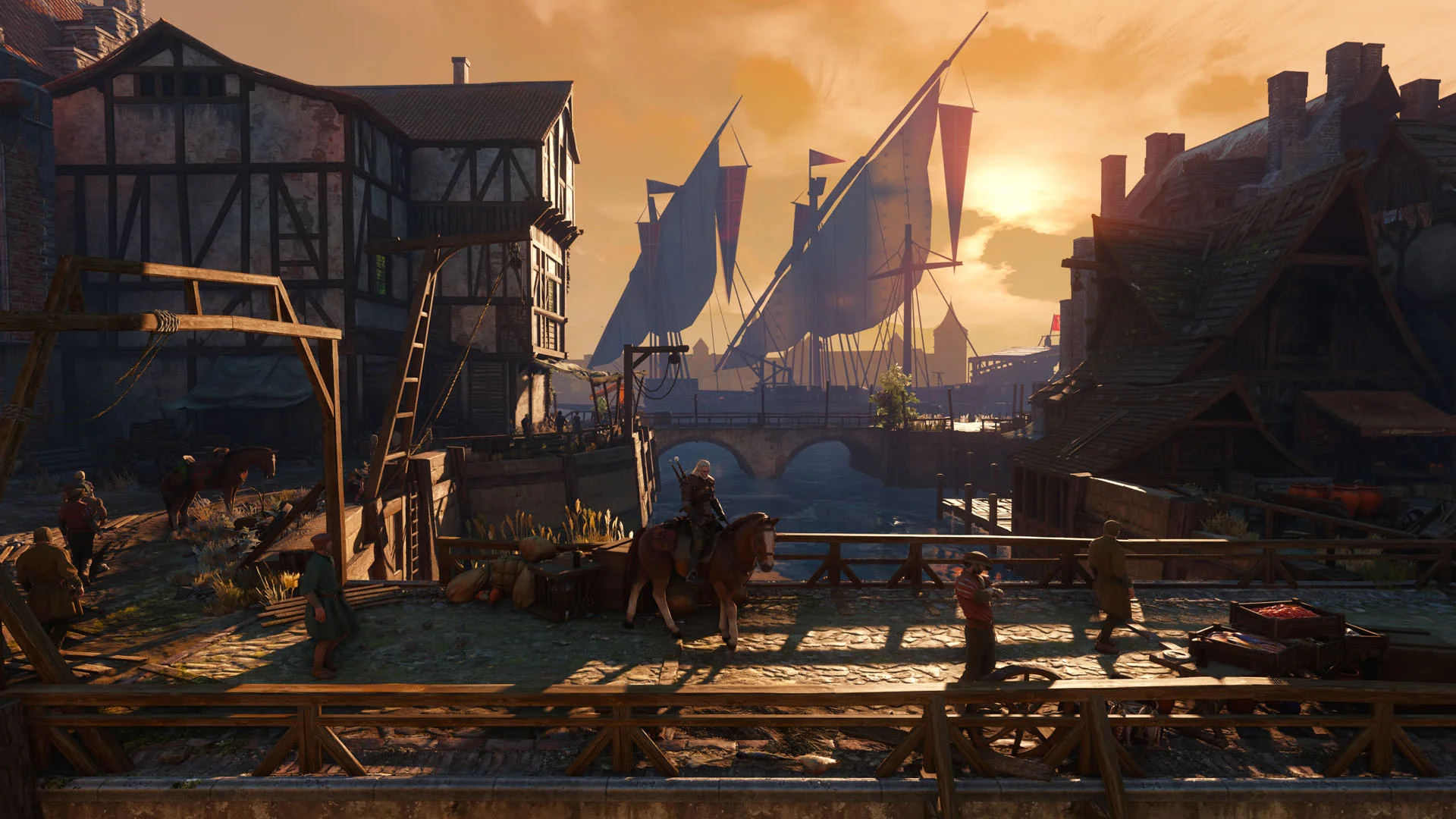 Geralt rides through a busy harbor city in The Witcher 3: Wild Hunt Remastered artwork.
