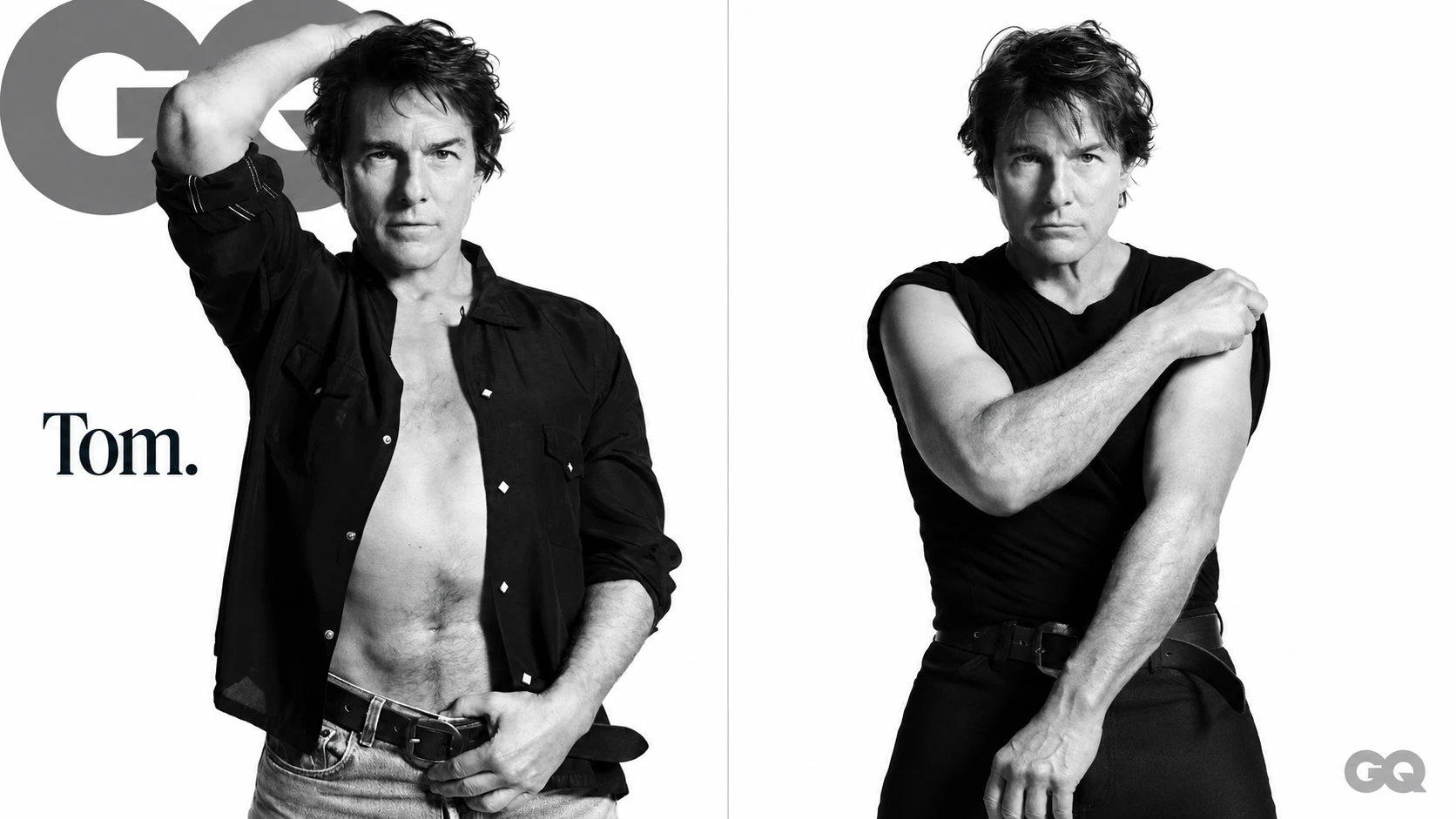 The American GQ cover of Tom Cruise beside a different black-and-white portrait from the shoot on a white background.