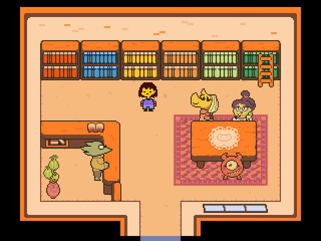 The human stands in a warm-coloured room with a long table and other characters.