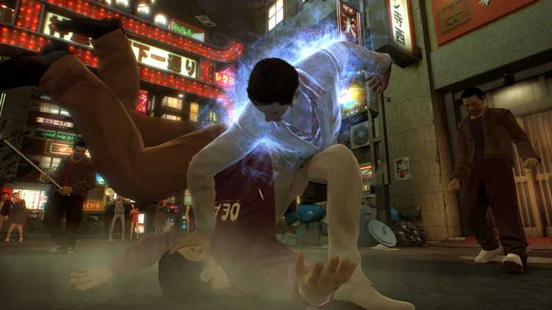 Official SEGA Yakuza 0 gameplay screenshot of Kiryu in a close Brawler-style fight with a fallen enemy on a neon street.