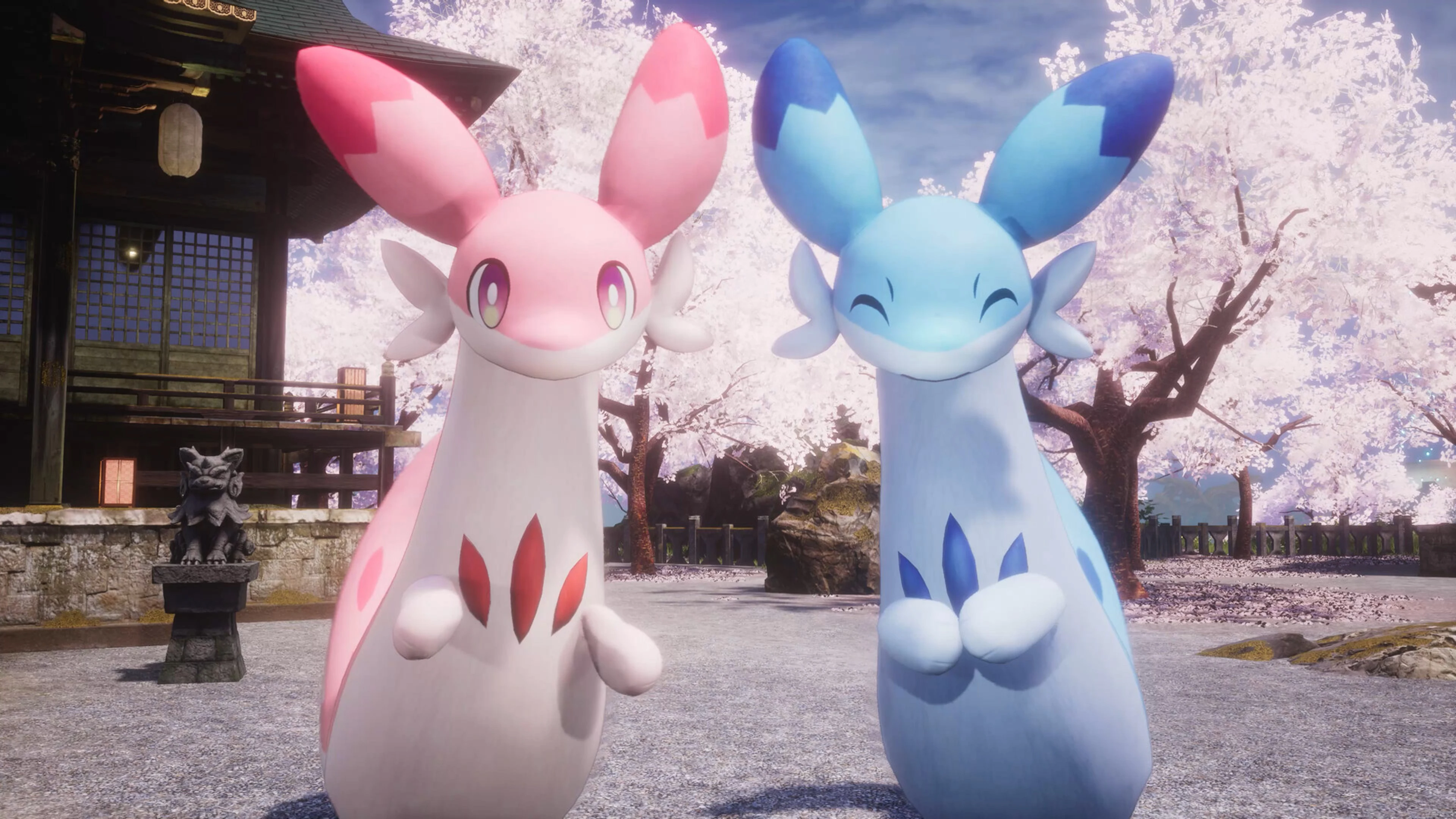 Two colorful Pals standing together beneath flowering trees in Palworld.