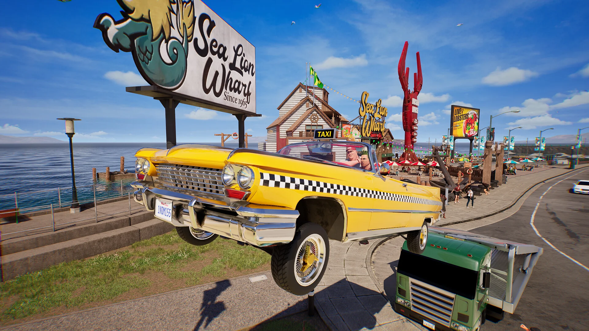 A yellow taxi jumps beside Sea Lion Wharf in Crazy Taxi: World Tour.