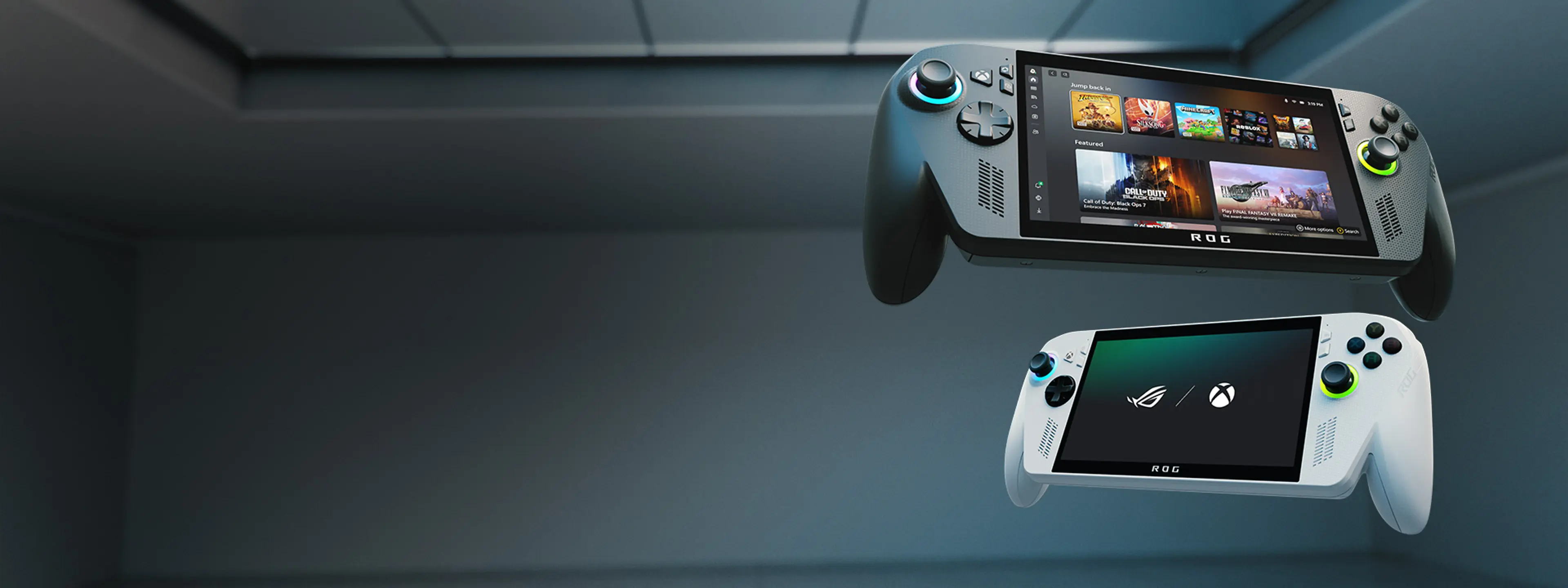 Two ROG Xbox Ally handheld devices float against a dark blue background.