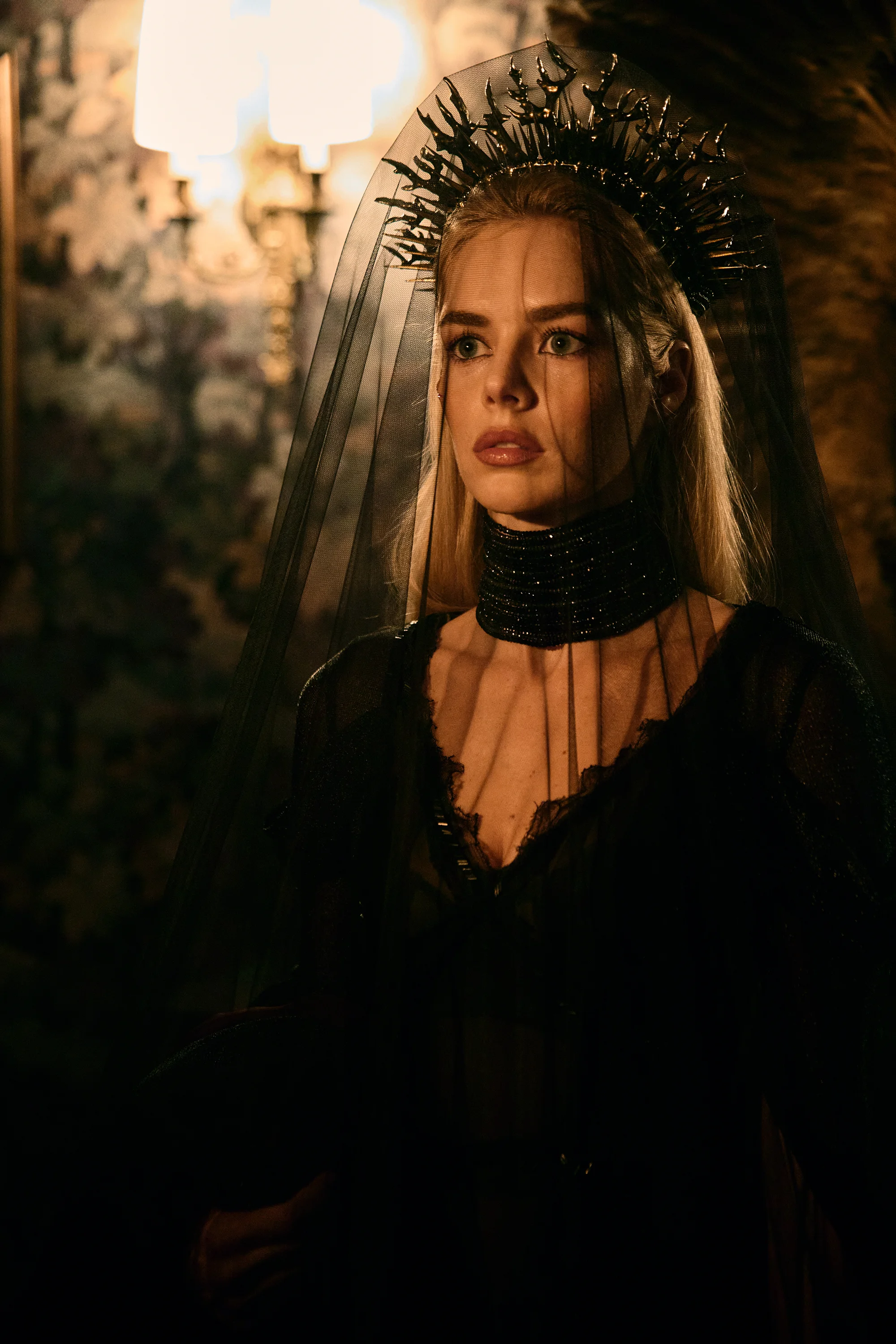 Samara Weaving wearing a black formal costume in Ready or Not 2: Here I Come.