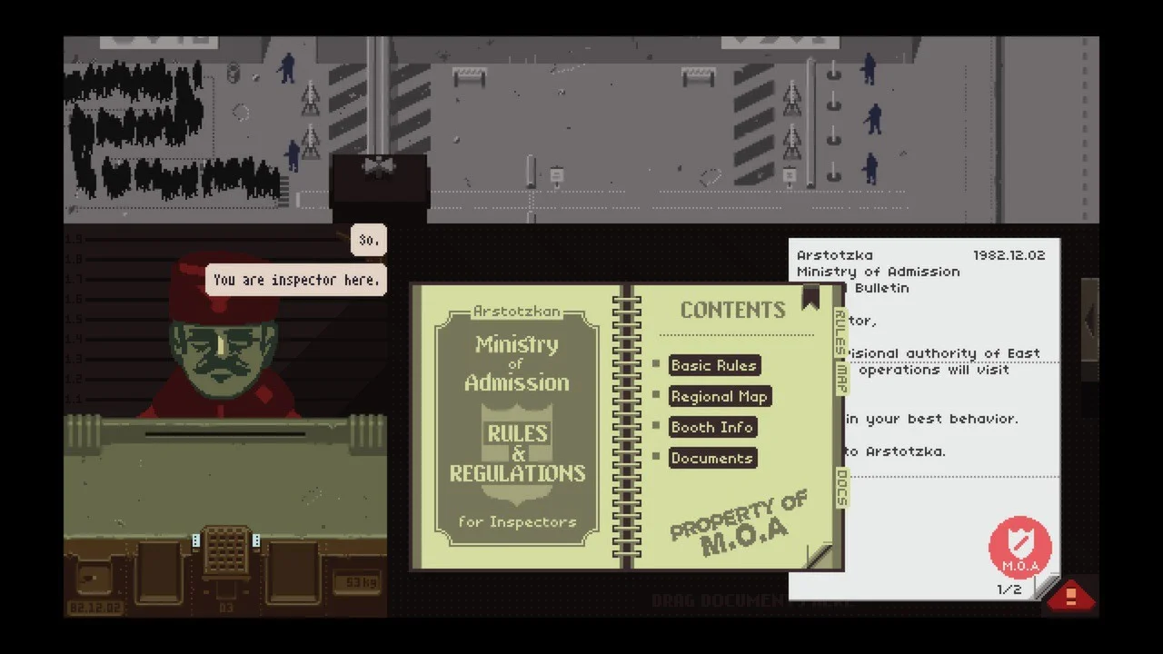 Official later-day Papers, Please screenshot showing the green Rules and Regulations book open on the desk and its Basic Rules option.