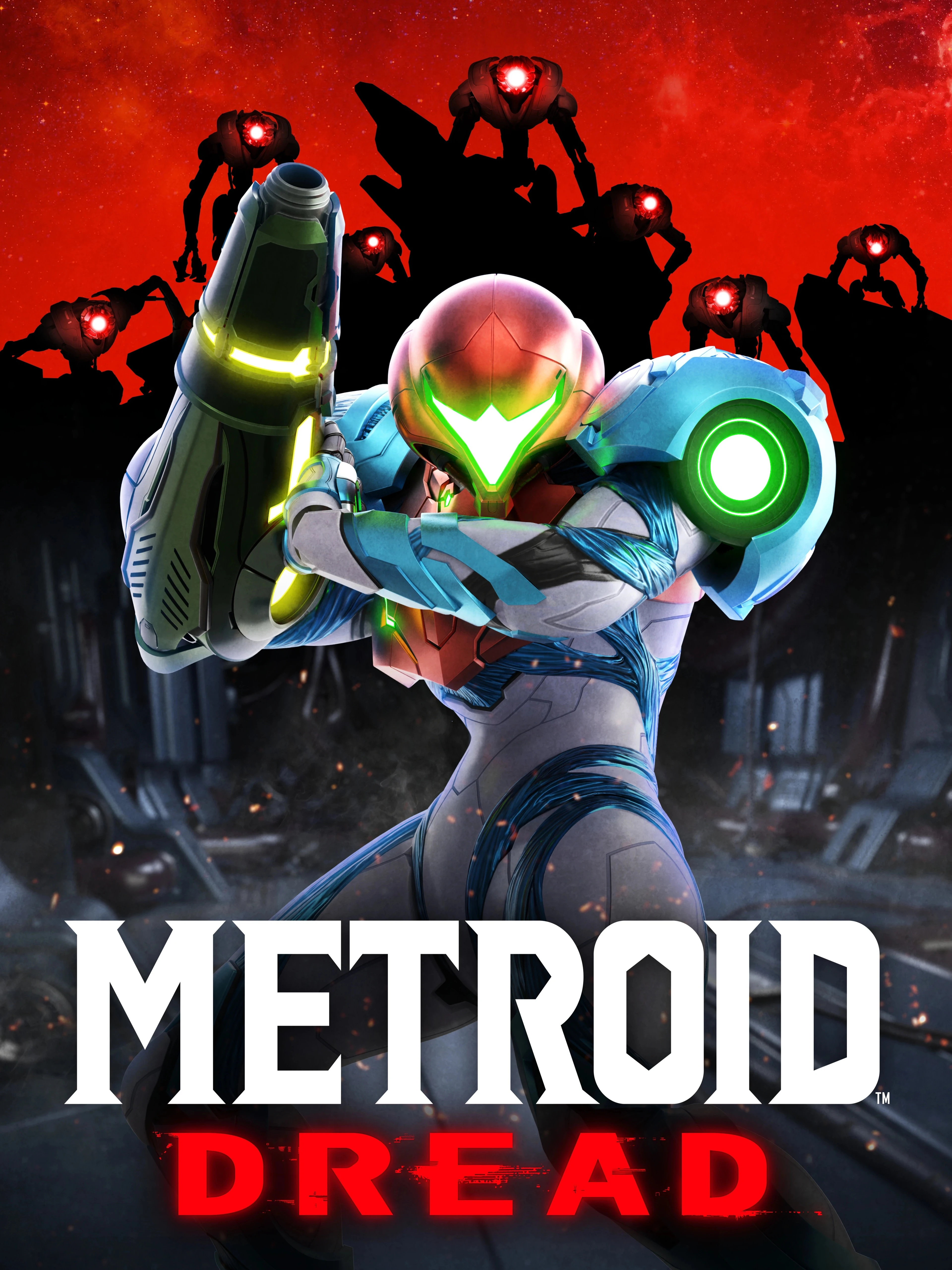 Official Metroid Dread cover showing Samus with E.M.M.I. robots behind the game logo.