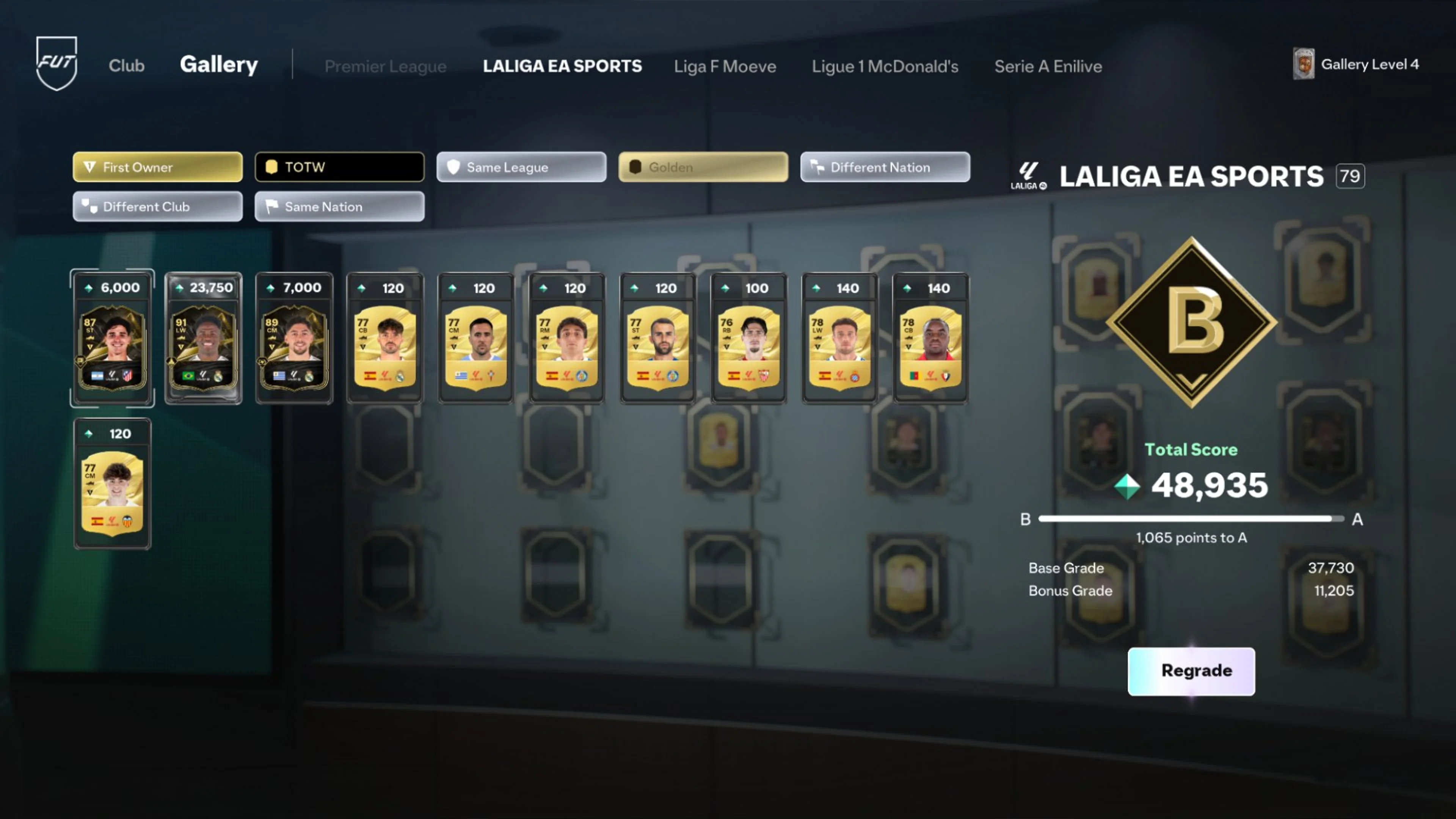 EA FC 27 FUT Gallery showing a LALIGA Set with a B grade, total score, and bonus filters.