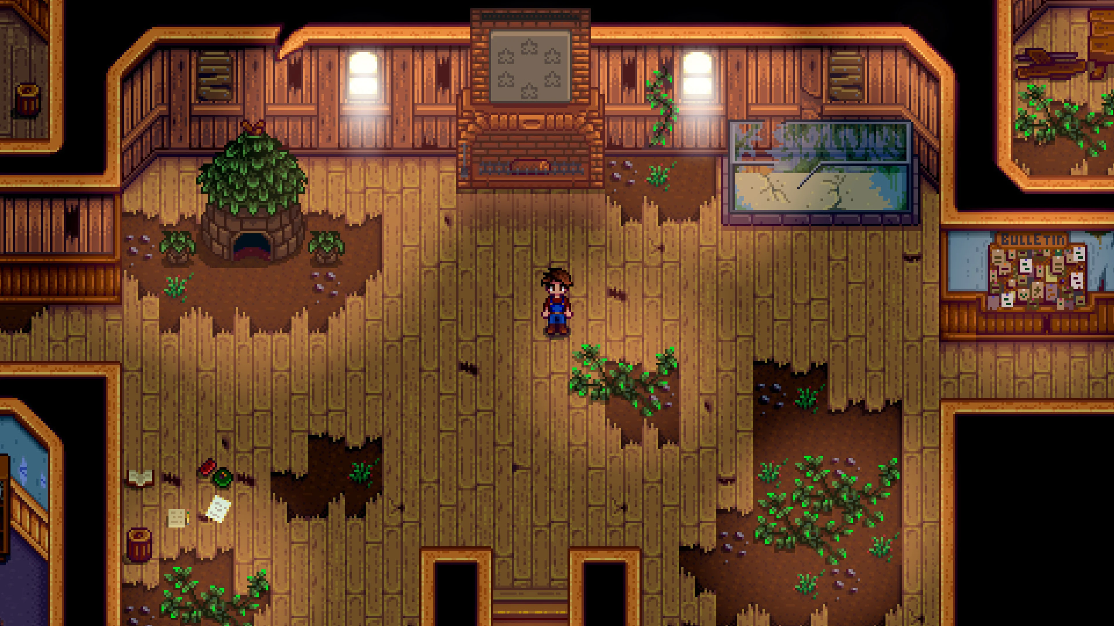 The unrestored Community Center interior in Stardew Valley.