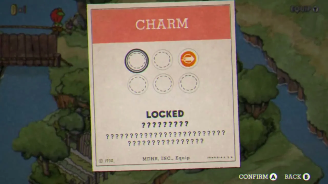 The Charm equipment card shows circular choices: one selected blank slot, several locked choices and one orange unlocked charm icon.
