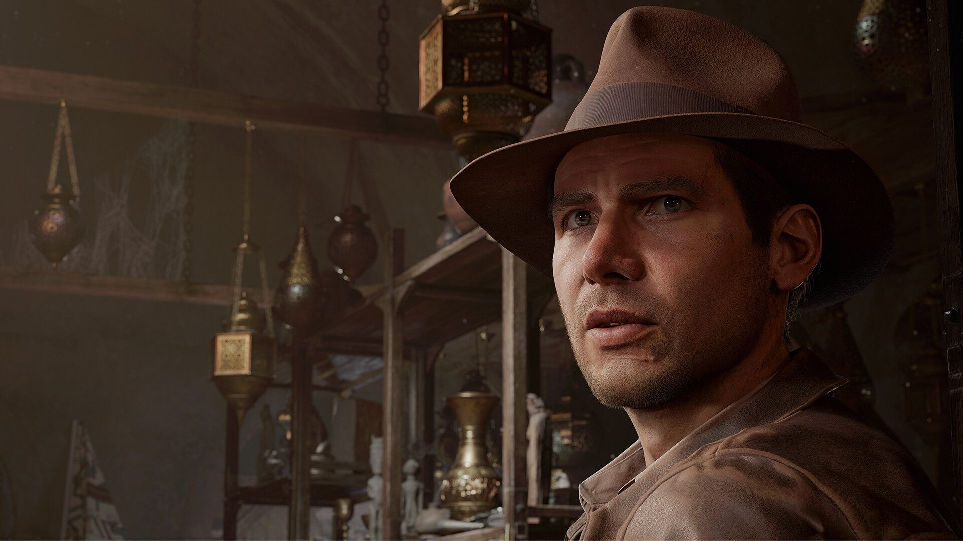 Indiana Jones stands inside an artifact-filled room.