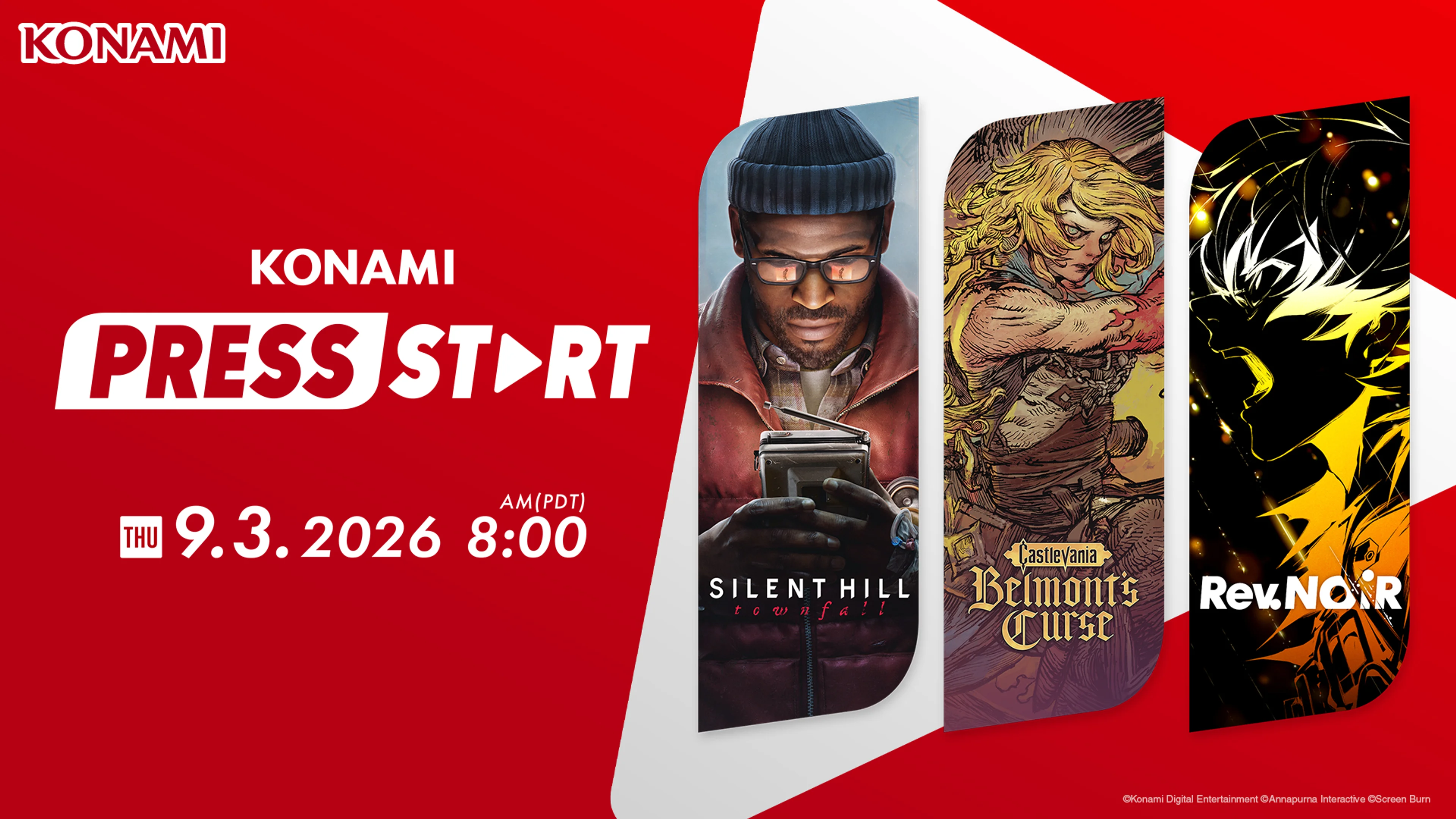 Official red KONAMI PRESS START schedule graphic showing Silent Hill: Townfall, Castlevania: Belmont’s Curse, and Rev. NOiR.