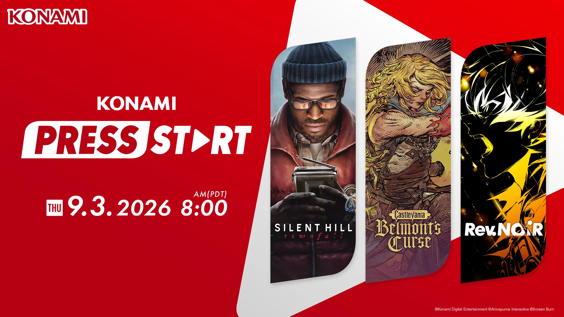 Official red KONAMI PRESS START schedule graphic showing Silent Hill: Townfall, Castlevania: Belmont’s Curse, and Rev. NOiR.