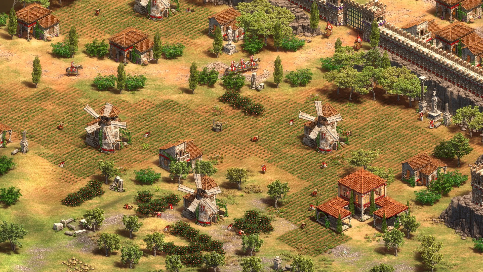 Fields and military buildings in an Age of Empires II settlement. Food production must support the units you plan to train.